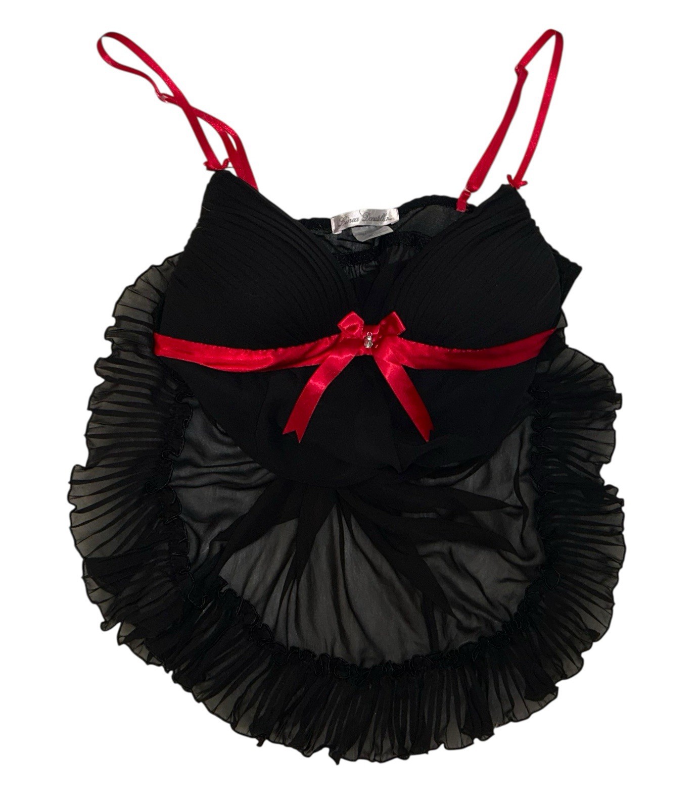 LINEA DONATELLA Black Sheer Red Satin Trim Ruffle Nylon Nightie Womens S NOS