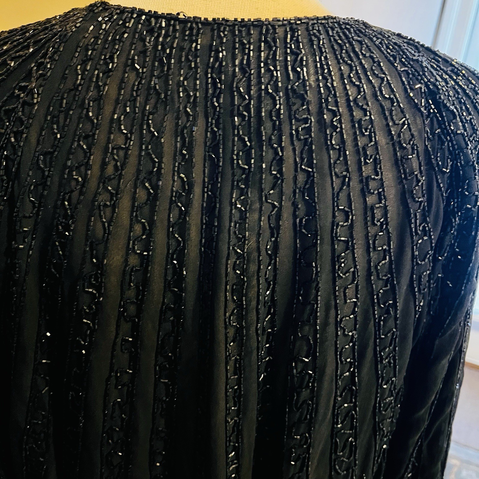 Vintage 80s NITELINE By Della Roufogali Black Sheer 100% Silk Beaded Jacket XL