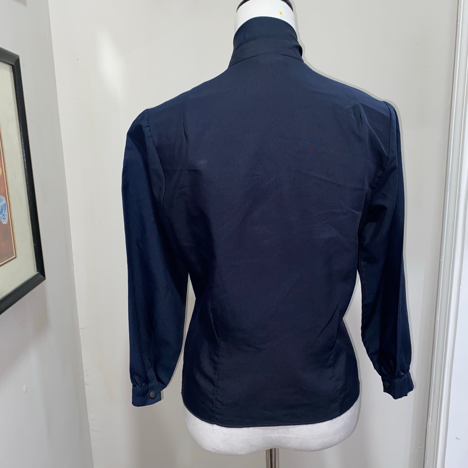 Vintage Navy Blue Fitted Blouse 3/4 Sleeves Pussy Bow 1960-70s Retro Button Down
