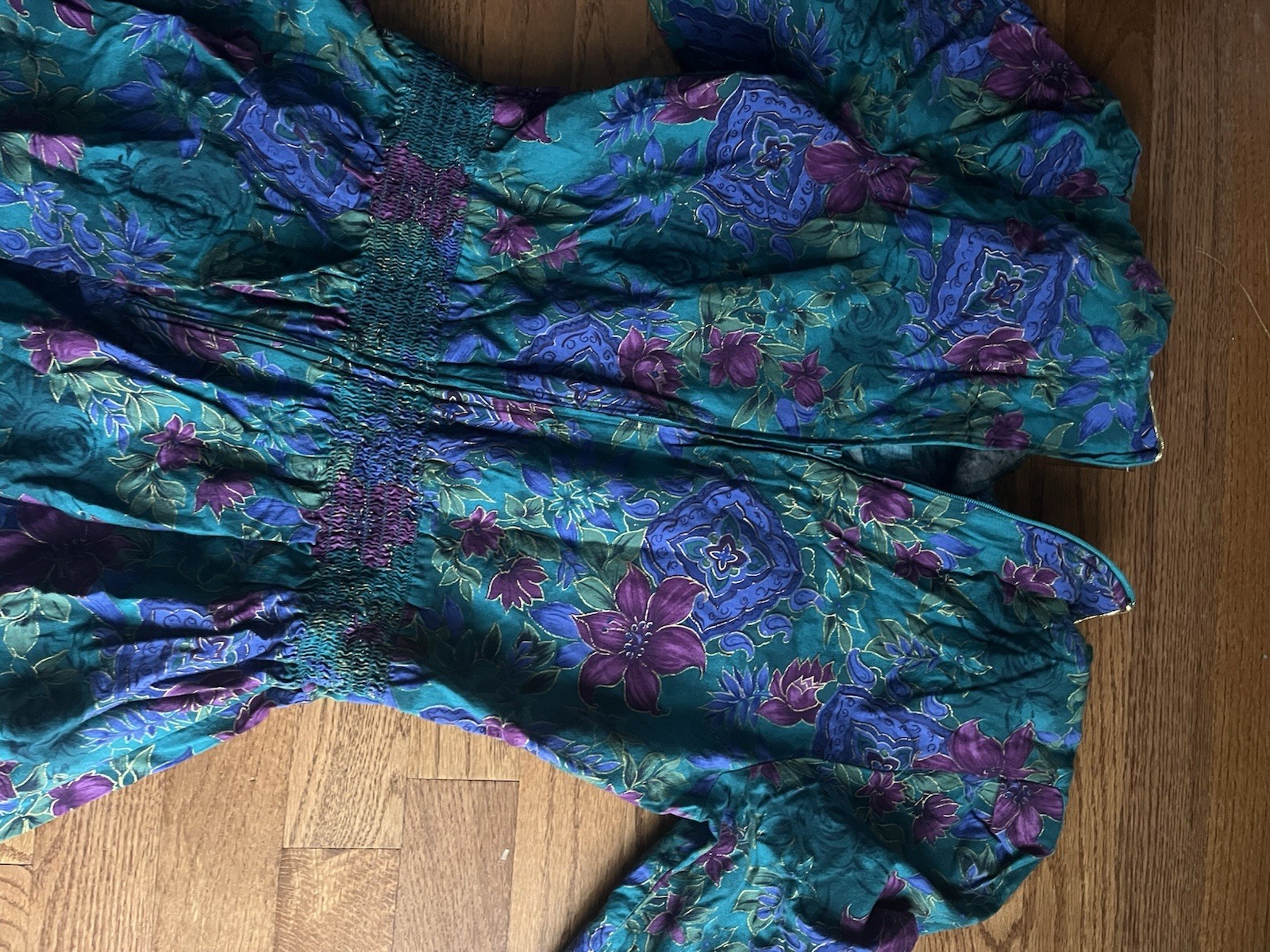 Vtg 80s Miss Dorby Green Purple Floral Secretary Tea Dress Gold Foil Trim 8