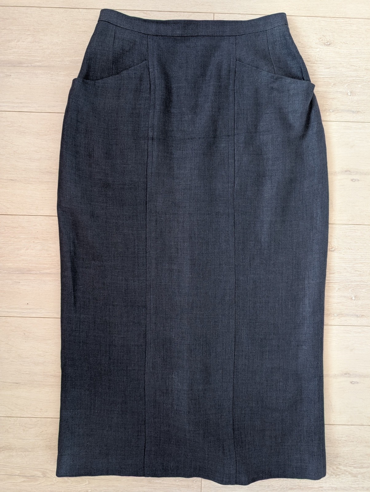 Chanel CC Button Front 98C Linen Wool Navy Blue Straight Pencil Midi Skirt 42 S
