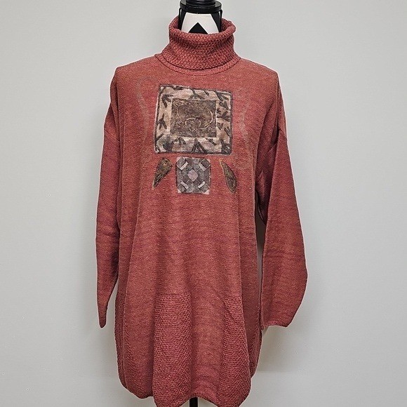 90s Blue Fish Turtleneck Sweater Block Print, Rust Pink, One Size, art to wear
