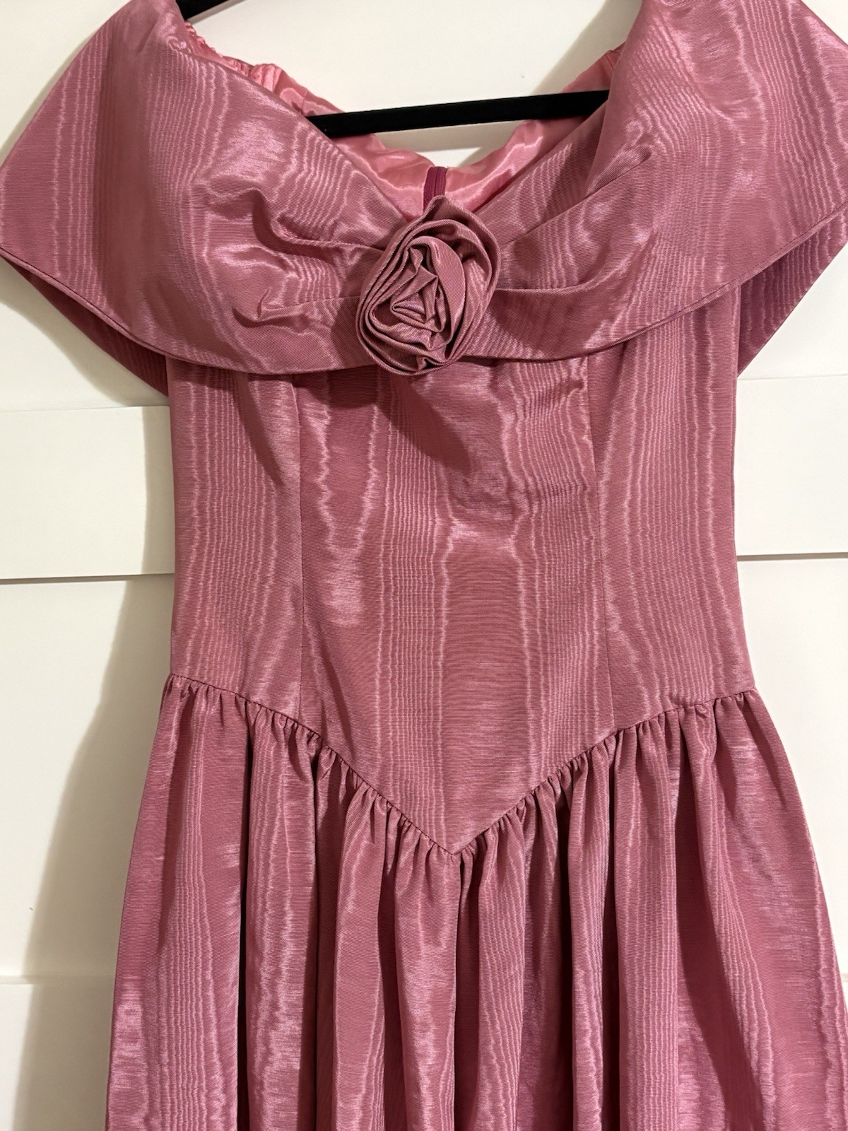 Vtg Handmade Rose Pink Moire Taffeta Dress 80s Basque Waist Rosette Prom Small