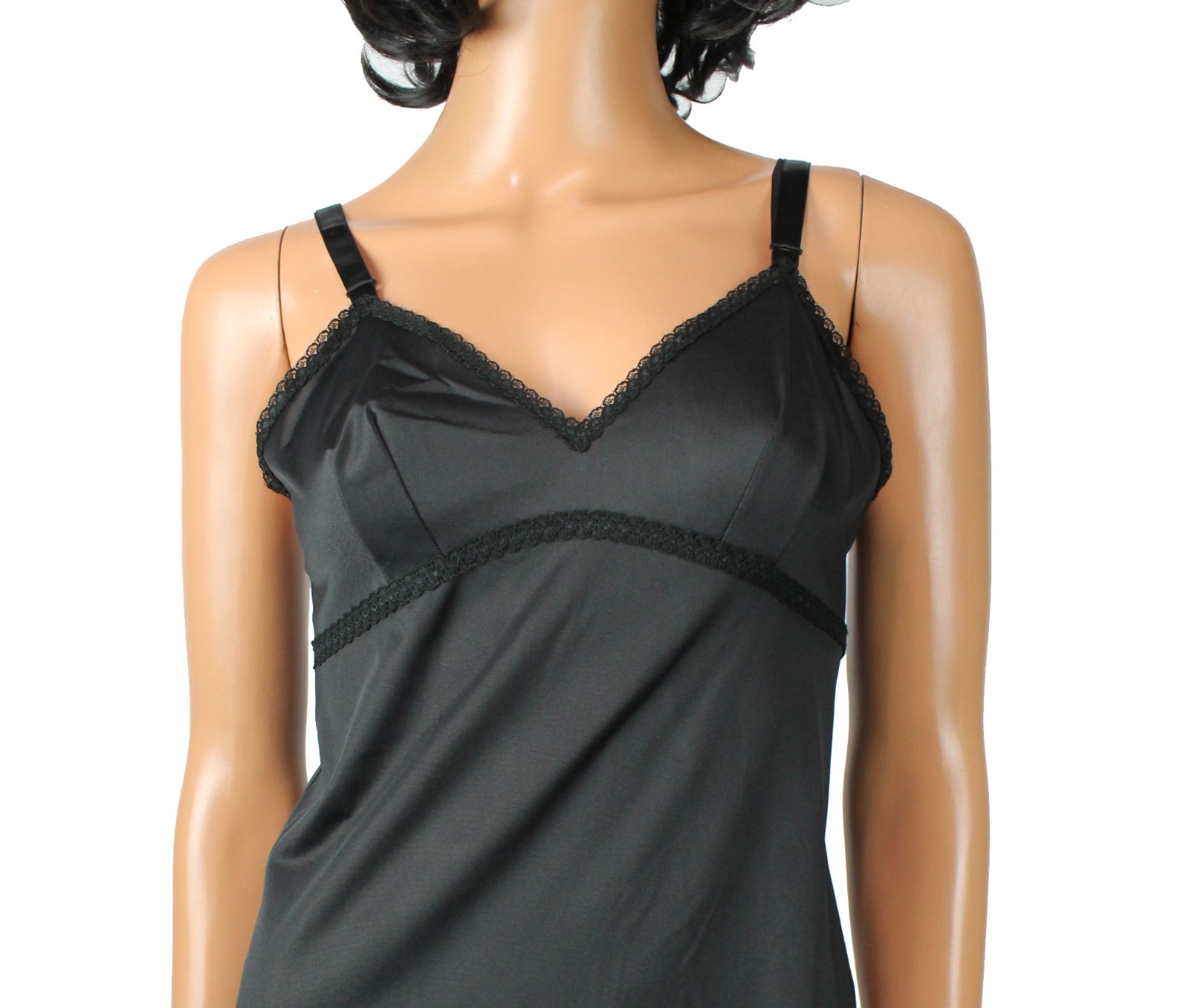 70s Full Dress Slip 32 Tall Vintage Lorraine Black Lace Trim Tiered Snip It Hem