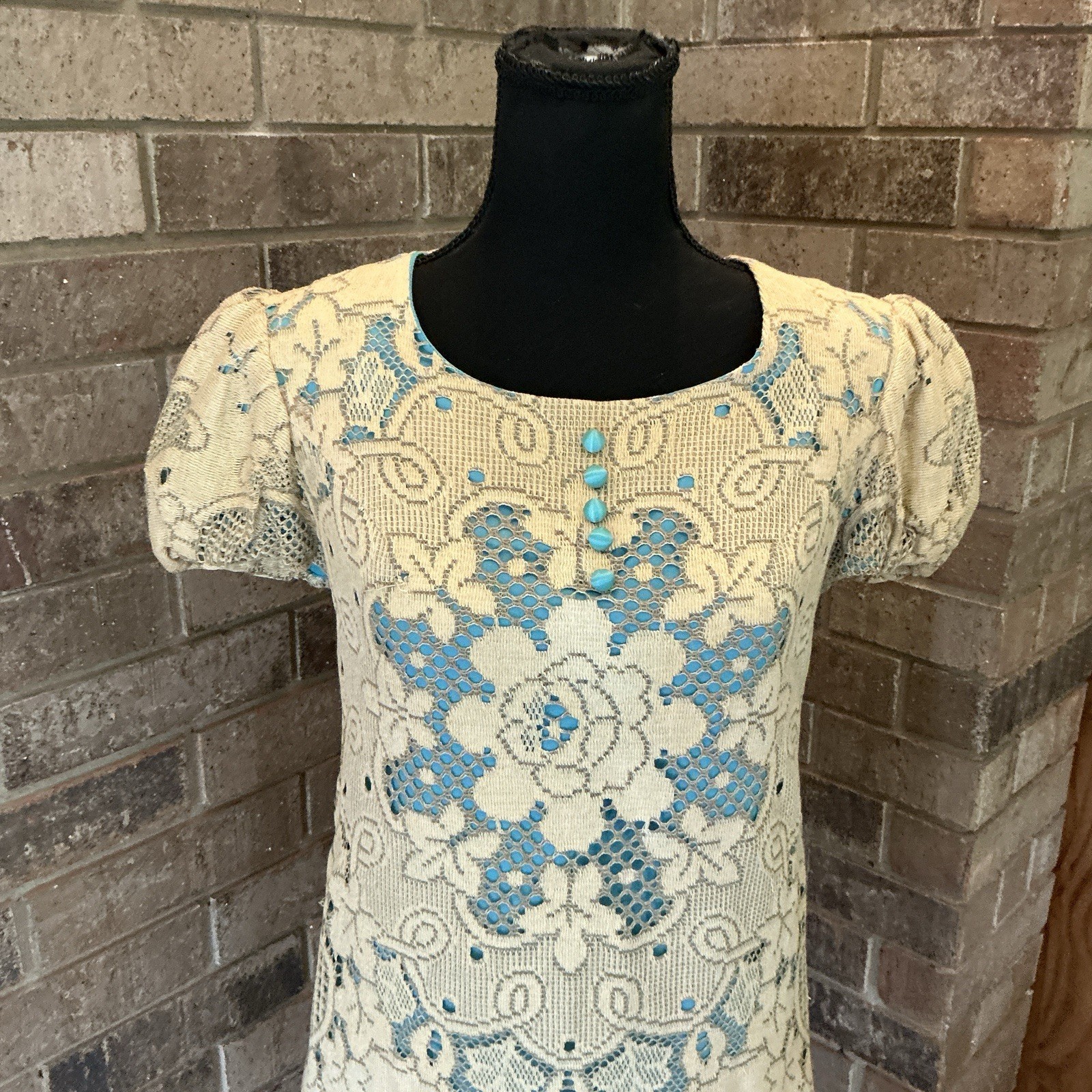 60s VINTAGE Lisa Ross California Lace Shift Dress Turquoise Lined Size 7 #10E3
