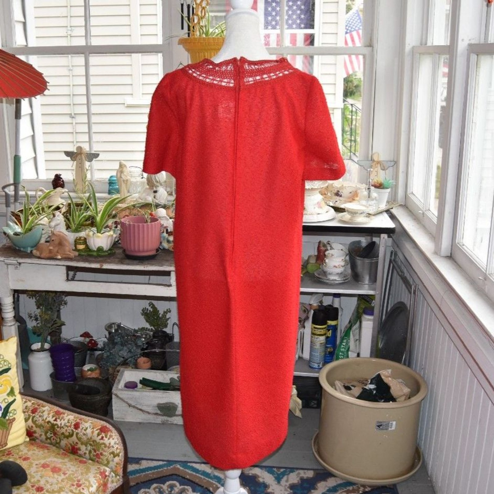 Vintage Leslie Pomer Red Knit Shift Dress Crochet Yoke ILGWU USA Women’s XL