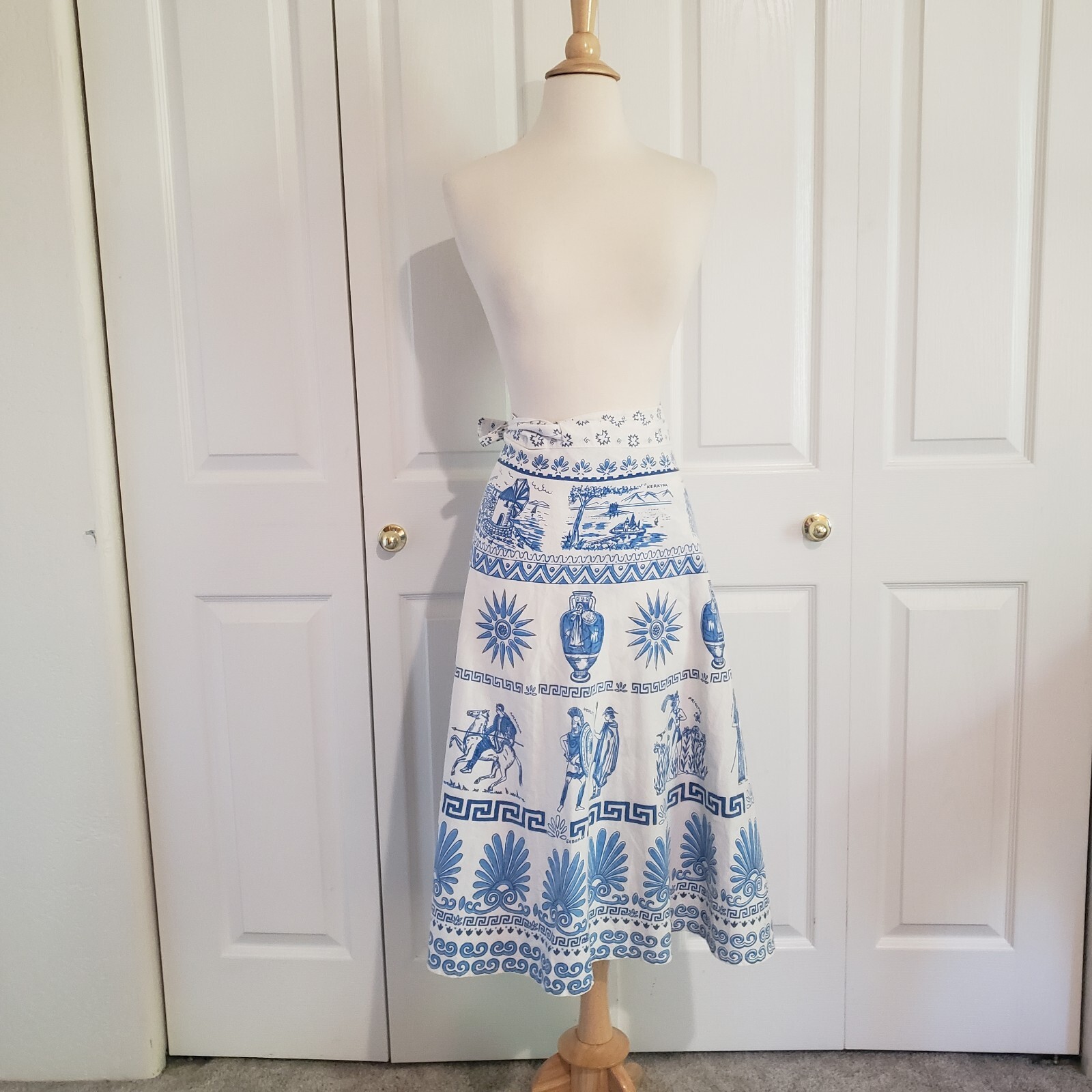 Vtg 1970s Greek Greece Novelty Wrap Skirt Blue White Cotton Size Medium