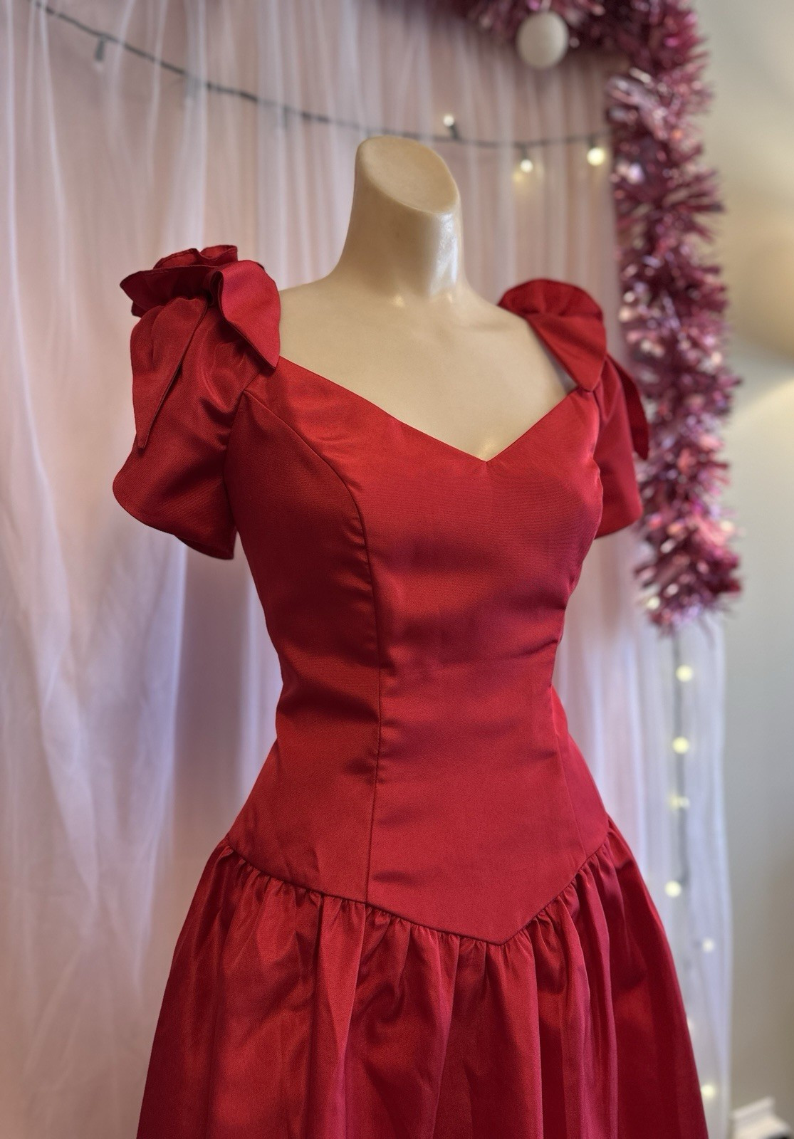 Vintage 80s Party Dress Red Puff Sleeves Bows Knee Length Prom New Wave M