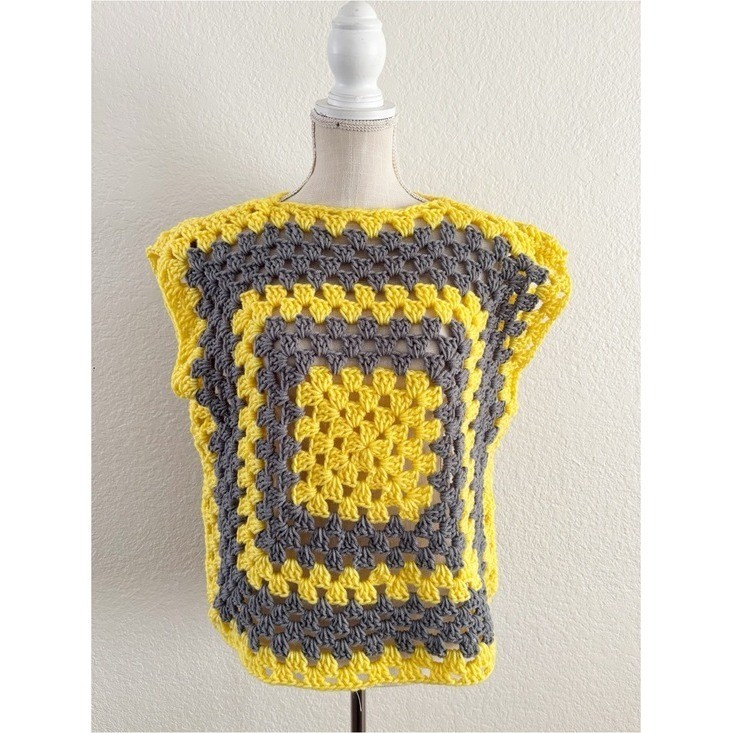 Handmade Crochet Granny Square Top OS Yellow Grey Sleeveless Vest Boho
