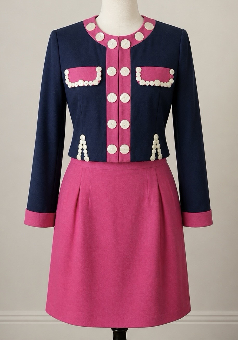 Rare Sue Wong Studio ST446 Skirt Suit Size M USA Pink Navy 2 Pc 80s Vintage
