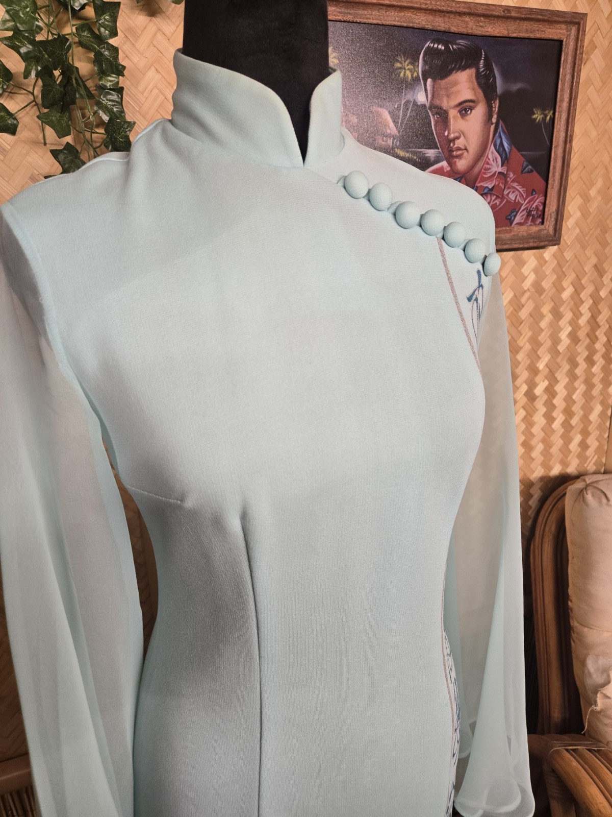 Vintage Shaheen Asian Inspired Hawaiian Aloha Dress In Rare Light Blue w1189