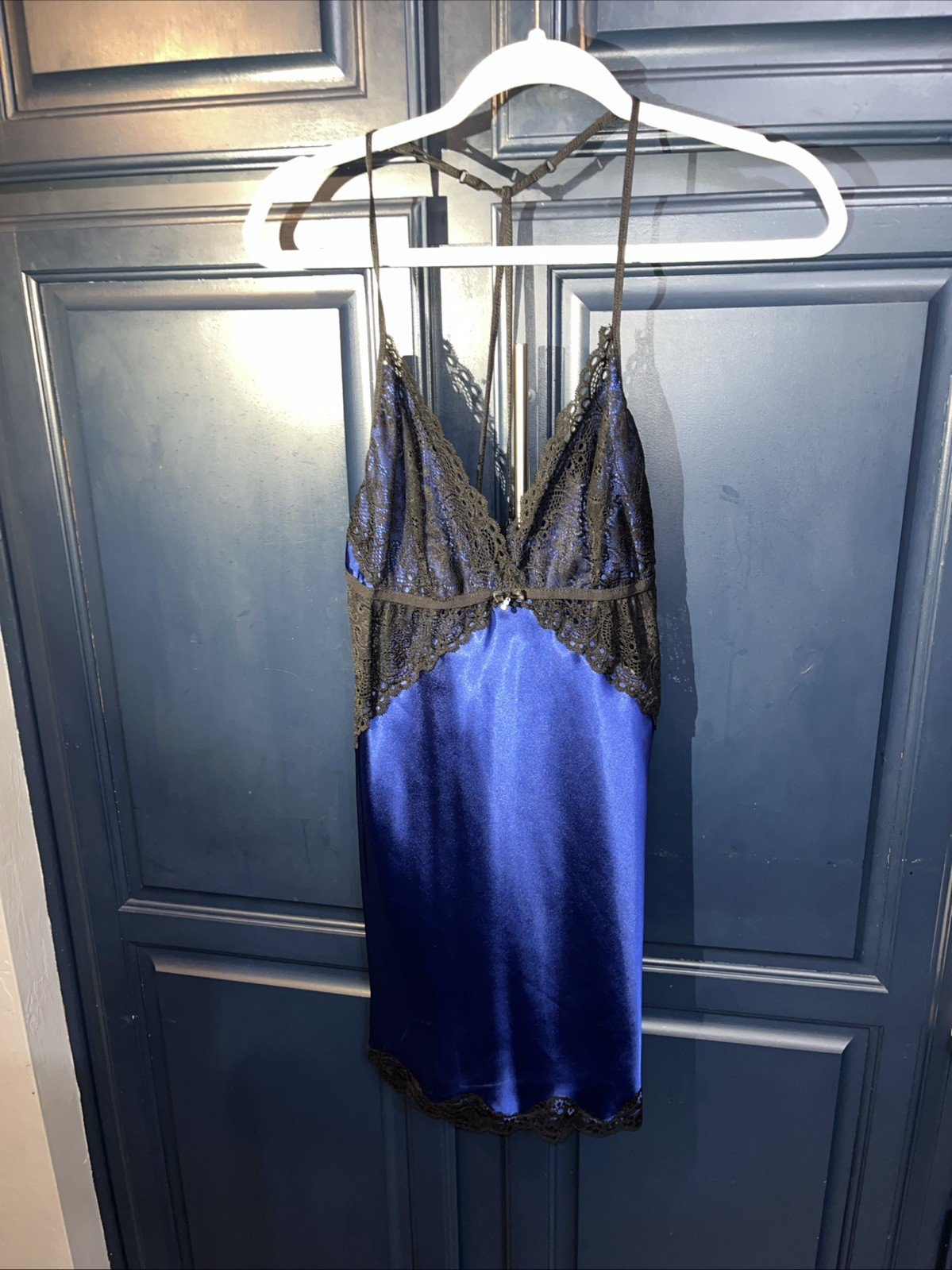 Vintage Linea Donatella Nightgown Midnight Blue Size L Black Lace Faux Diamond