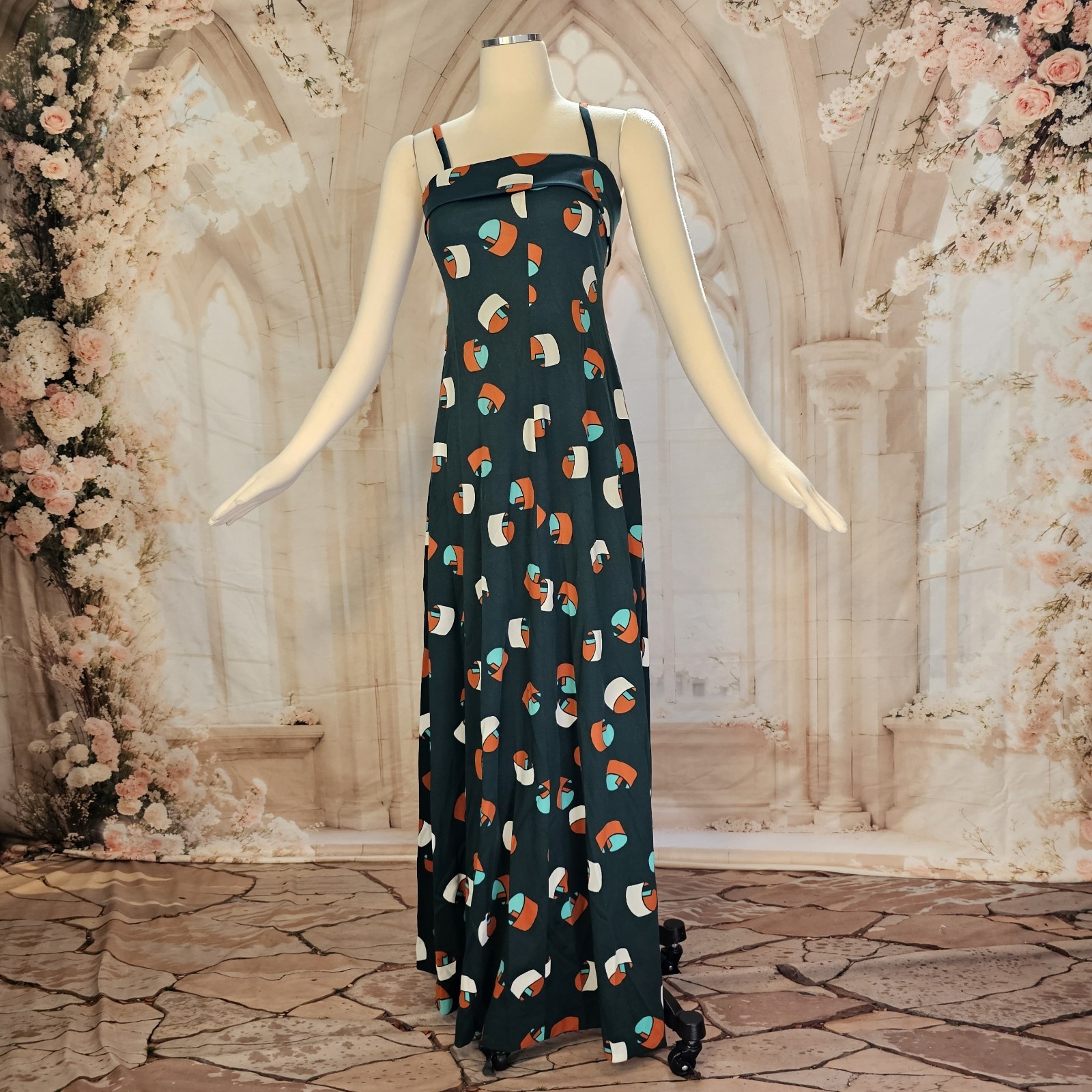Vintage 1970s Dress Sundress Maxi Floor Length Spaghetti Strap Green Abstract