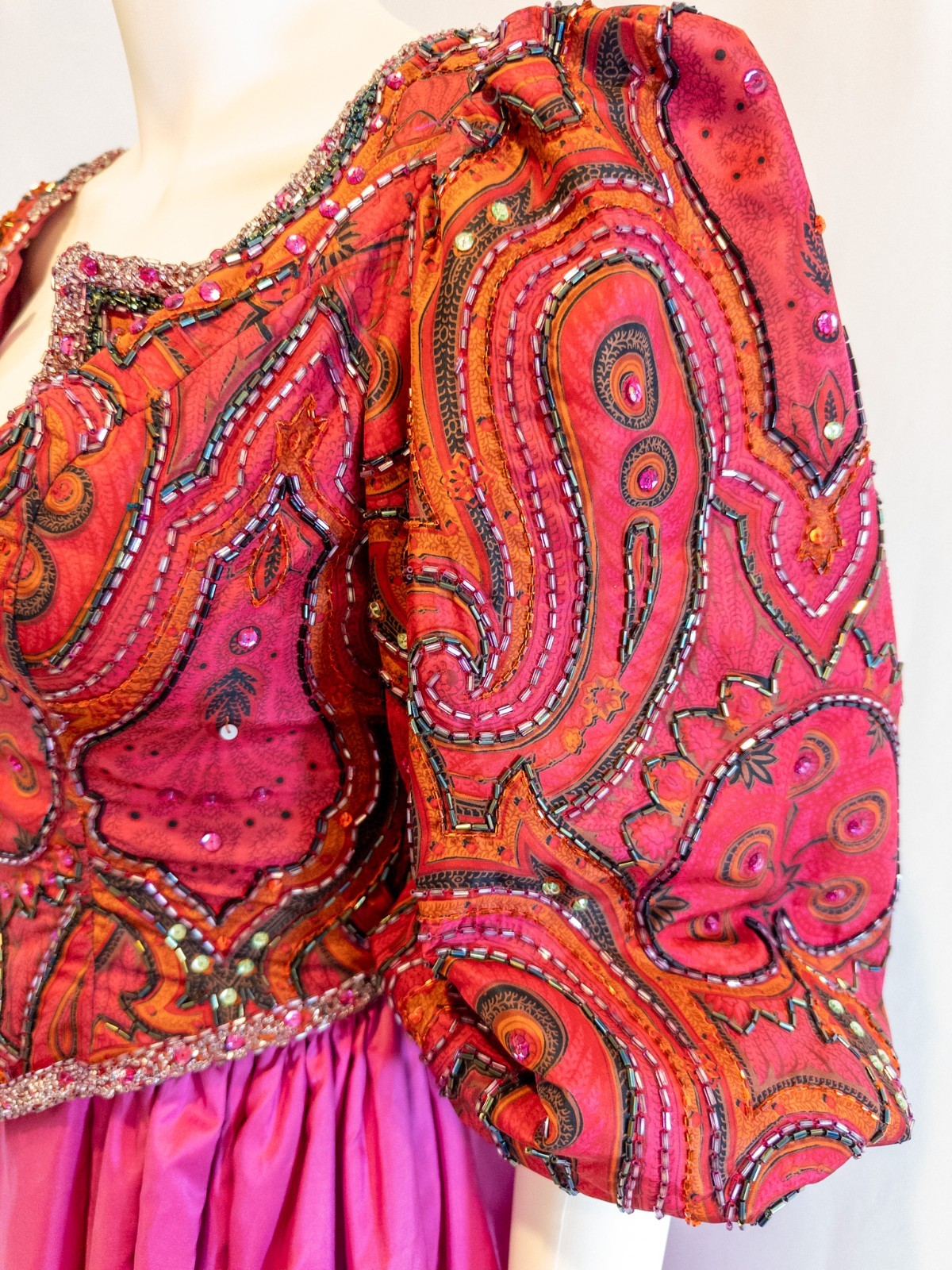 Vintage 1980s Ruben Panis Magenta Satin Taffeta Beaded Paisley Bodice Gown