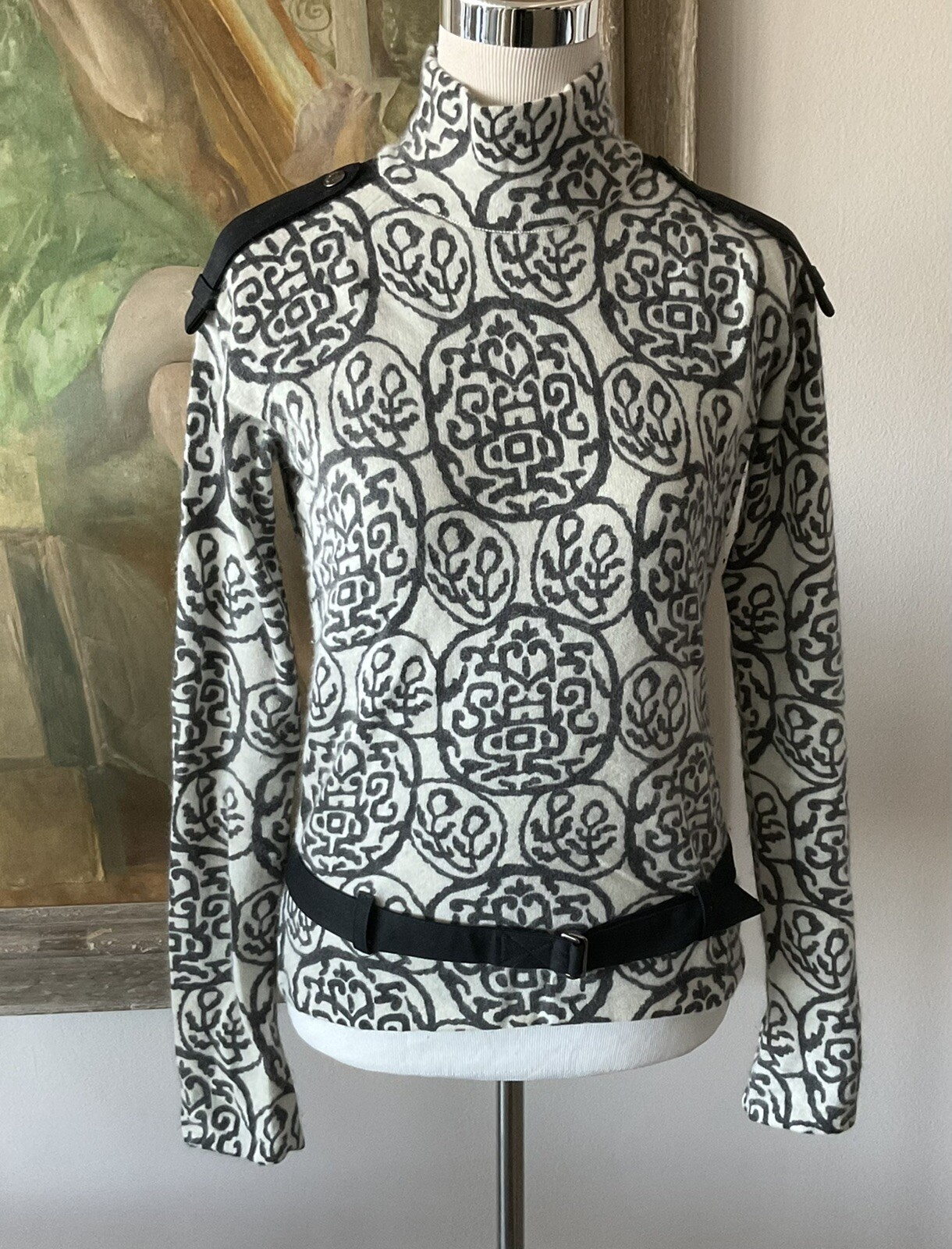 1980s JOHN GALLIANO Grey+White Turtleneck Sweater Black Epaulets+Belt Med