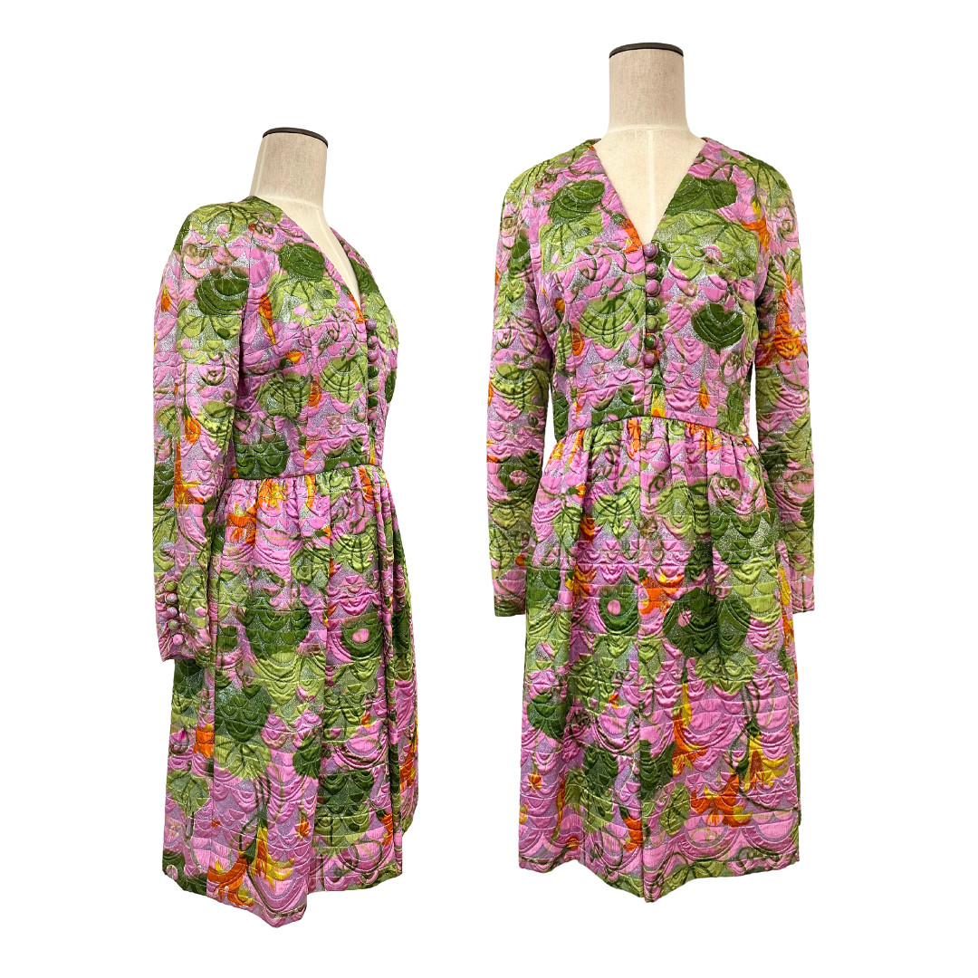 Vintage 1968 Ole Borden for Rembrandt Metallic Quilted Brocade Pink Green Dress