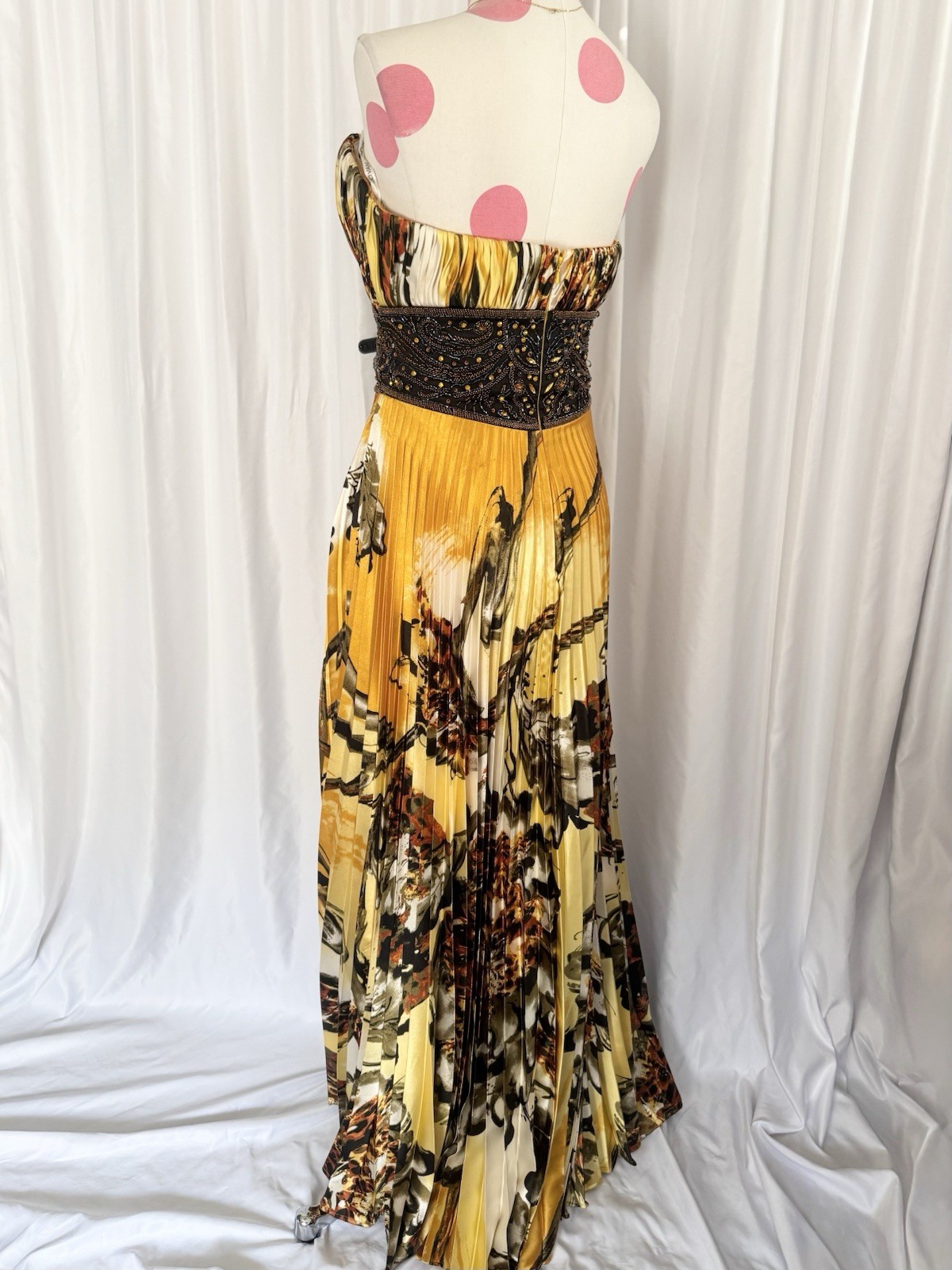 Vintage Yellow Leopard Floral Beaded Sequin Pleated Formal Gown Dress 14 Jovani