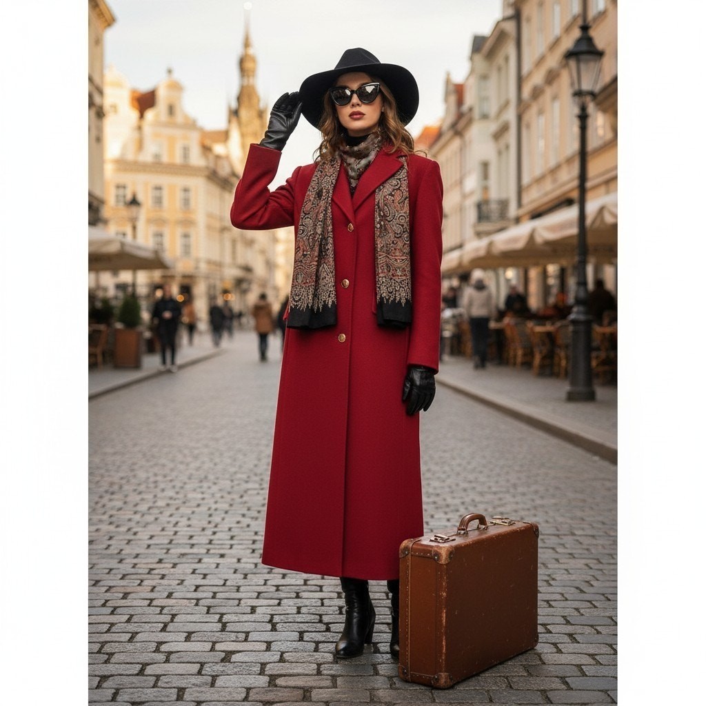 Vintage Red Wool Chesterfield Coat-JG Hook-Paisley Scarf-Sz 14-Long-Women-Winter