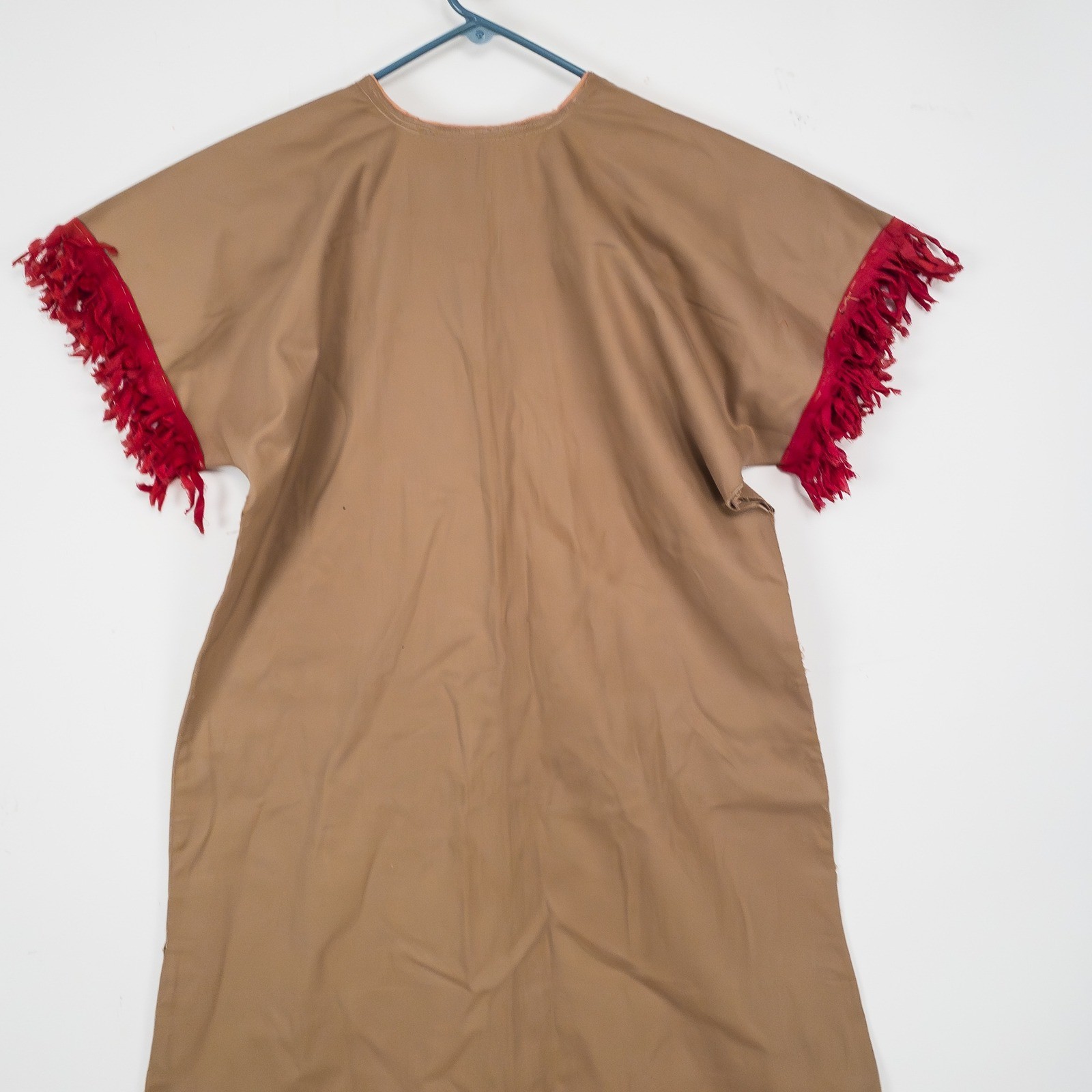 Vintage American Indian Dress Women Tan Red Fringe Cotton Canvas