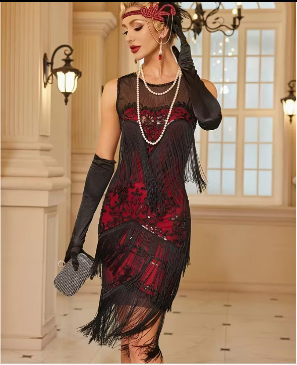 FLAPPER 1920s DRESS- Red Sequin Beaded and Fringed Dress, Gatsby Party 3 Sizes