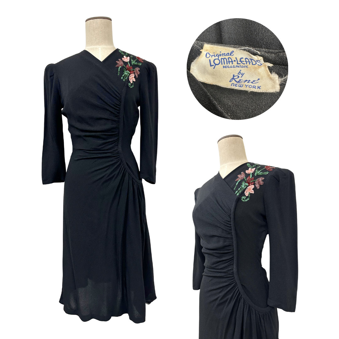 Vintage 1930s Loma Leads Black Ruched Sequin Floral Dress