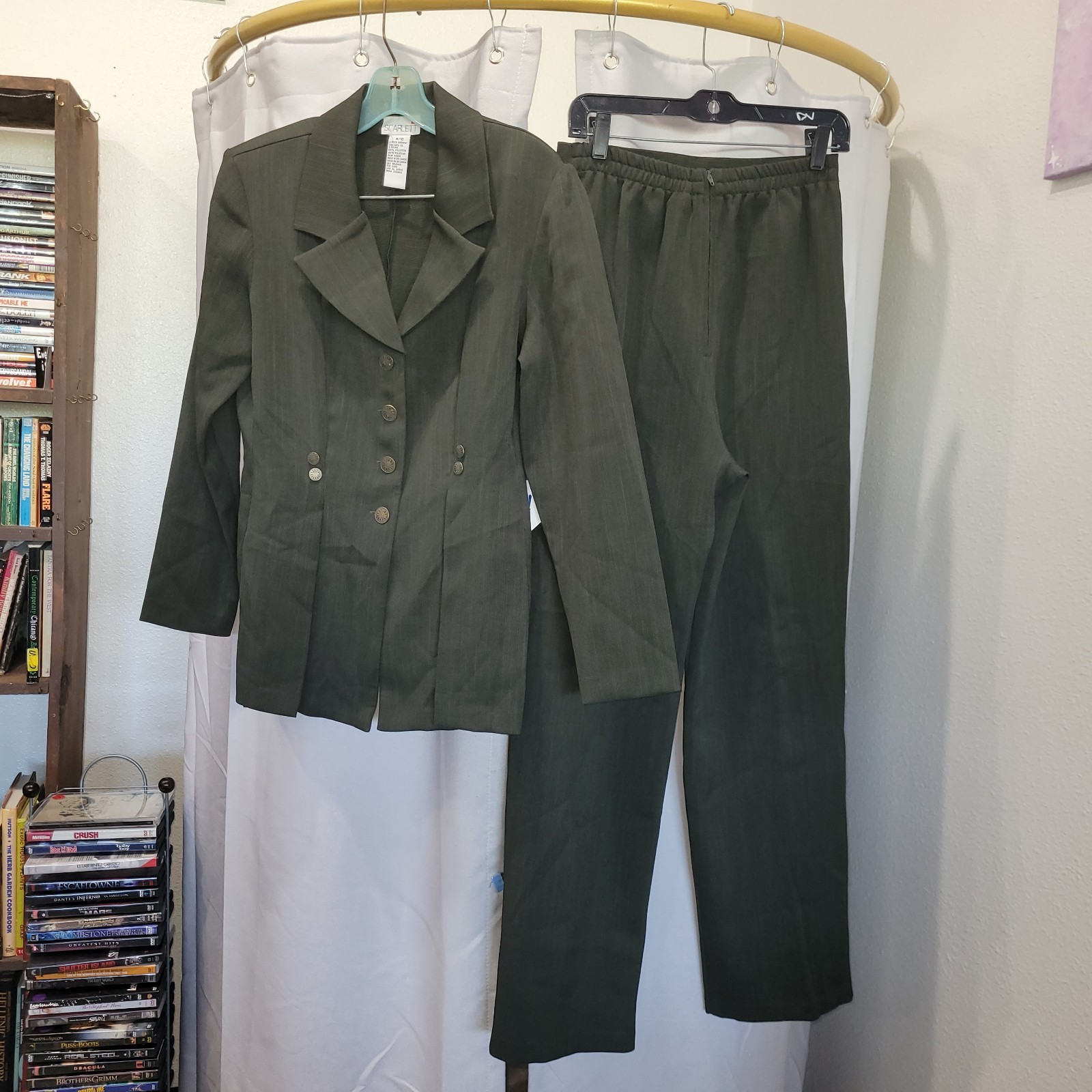 Vintage 90s Women’s Olive Green Blazer Pant Suit Set Copper Button By Scarlett M