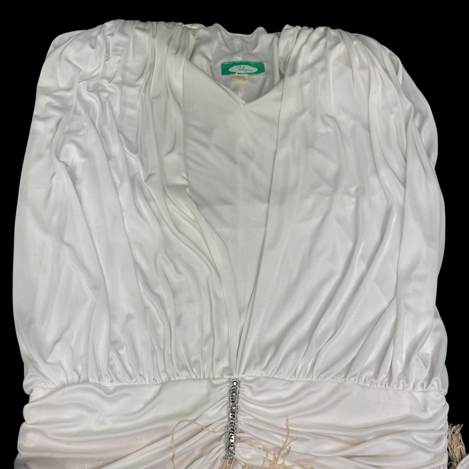 Vintage Filigree California Disco Fringe Cocktail Dress White Gold VNeck Sz 14