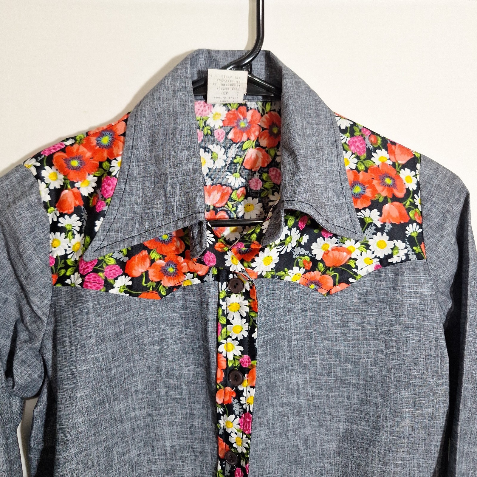Vintage 70s Chambray Western Shirt Women S Floral Contrast Yoke Cotton Cowgirl