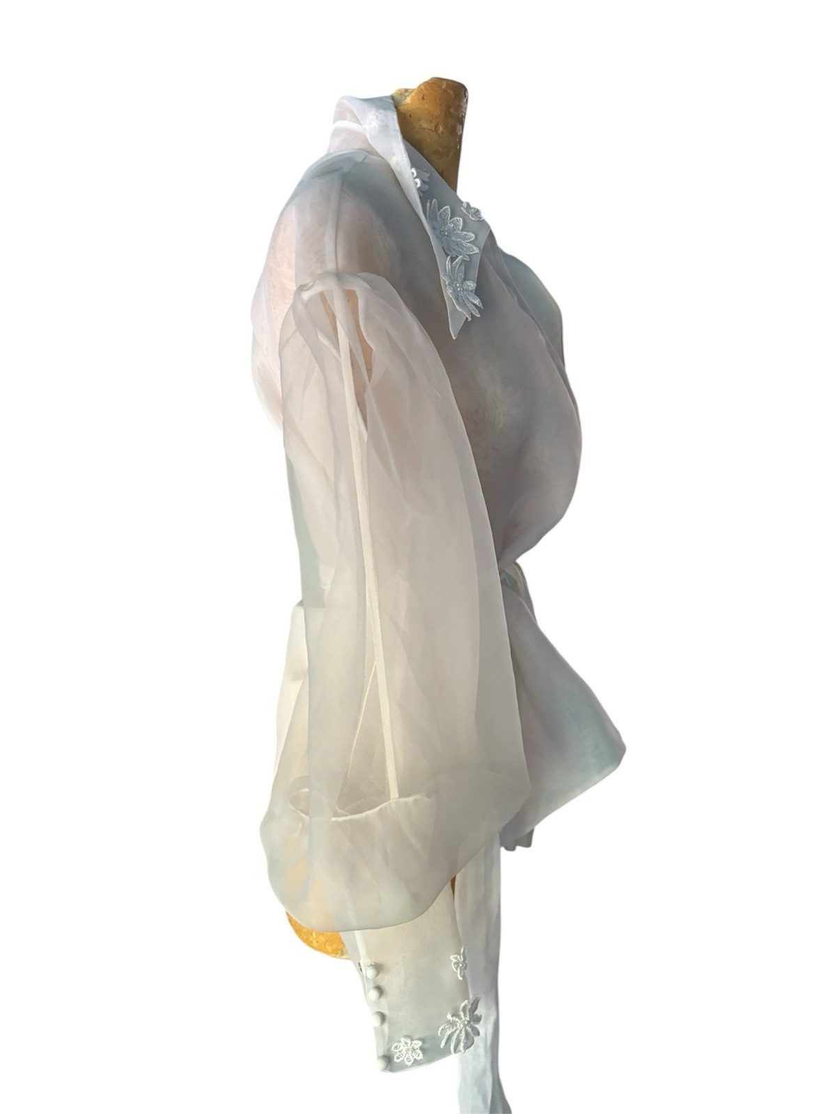 Vintage Sheer White Blouse Couture lStatement Floral Appliqué Long Sleeve
