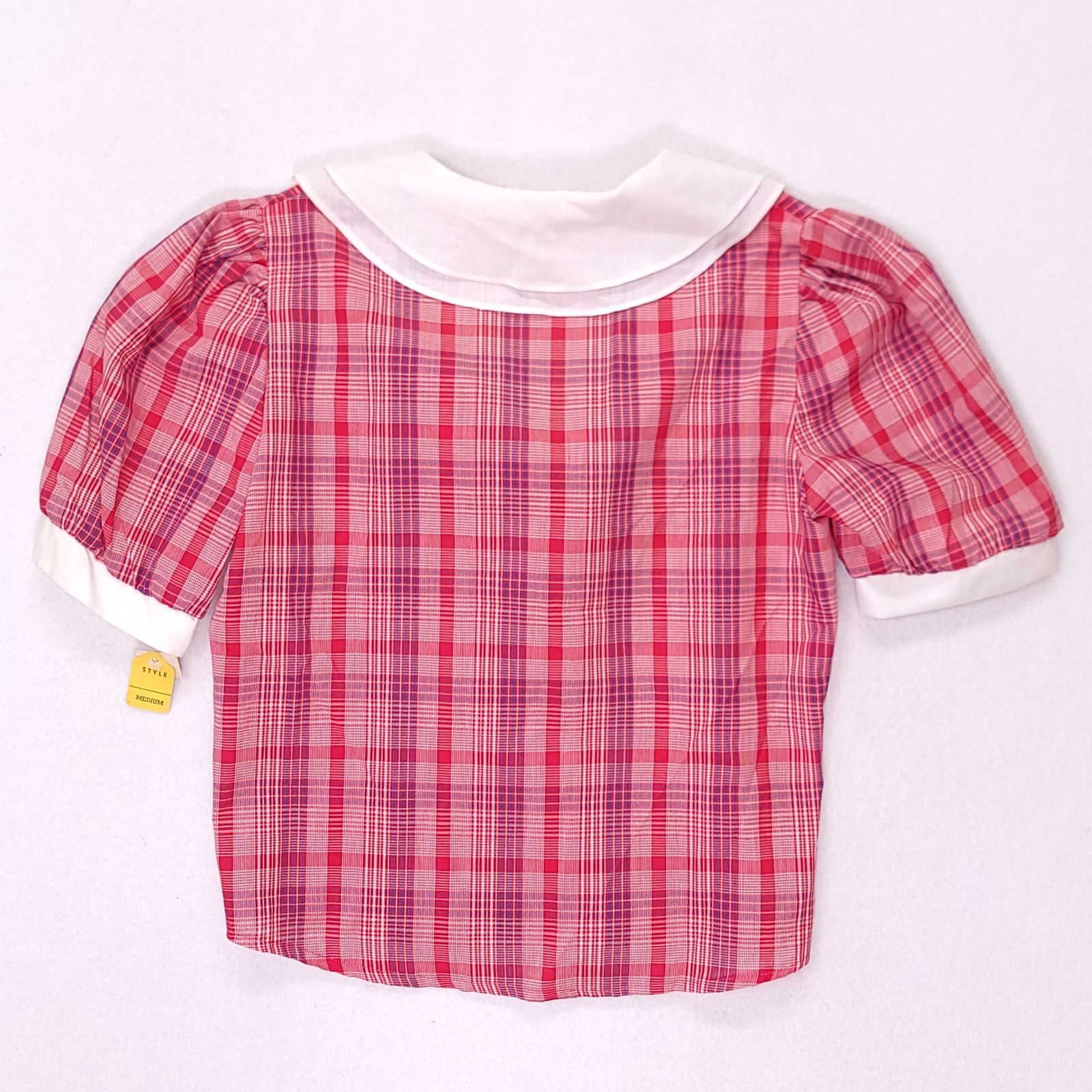 Romance of California Vintage Red Plaid Sailor Collar Blouse Blue Bow Medium