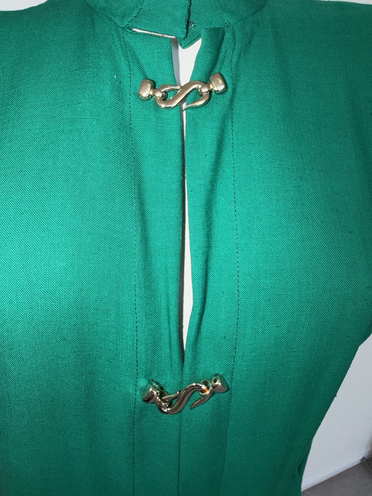 VTG 80s Pauline Trigere Bergdorf Goodman Emerald Green Maxi Textured Shirt Dress