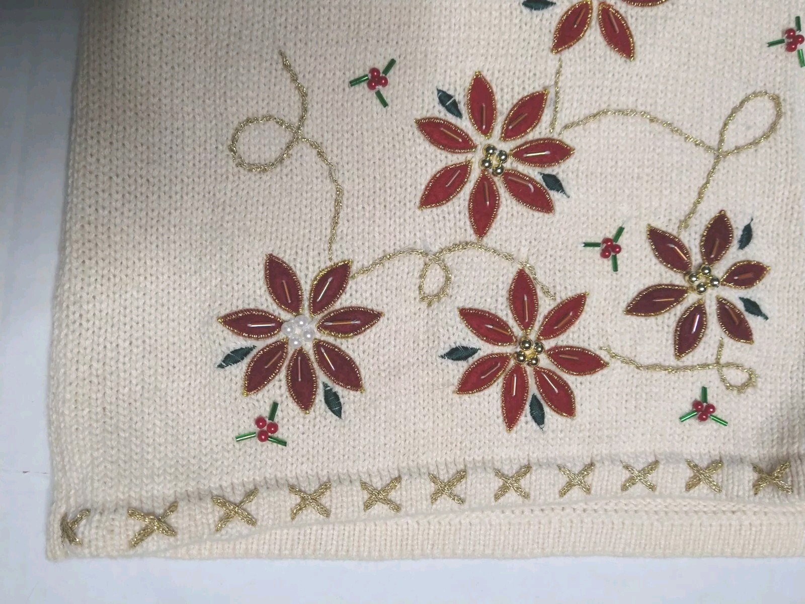 Vtg 90s Bobbie Brooks Poinsettia Holiday Christmas Beaded Metallic Sweater Vest