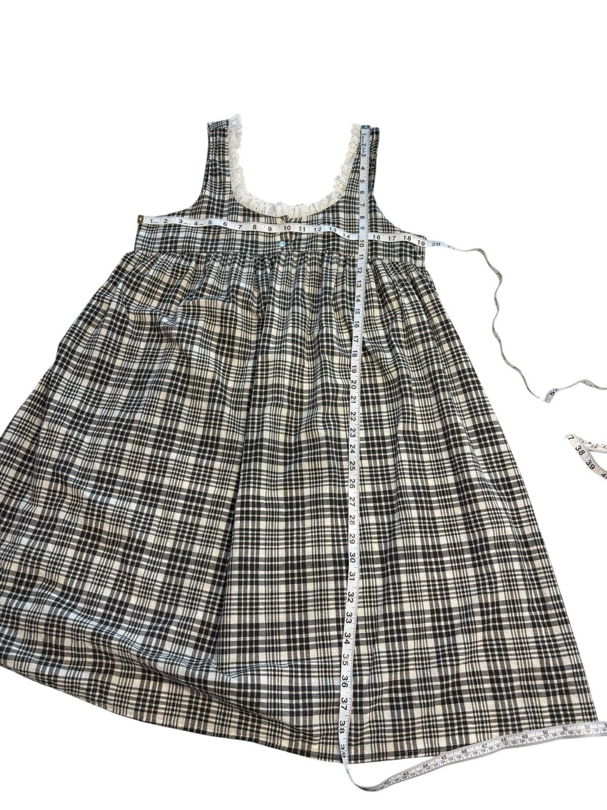 Vintage Papillon Paula Carbone Nightgown Black White Plaid Eyelet Cottagecore L