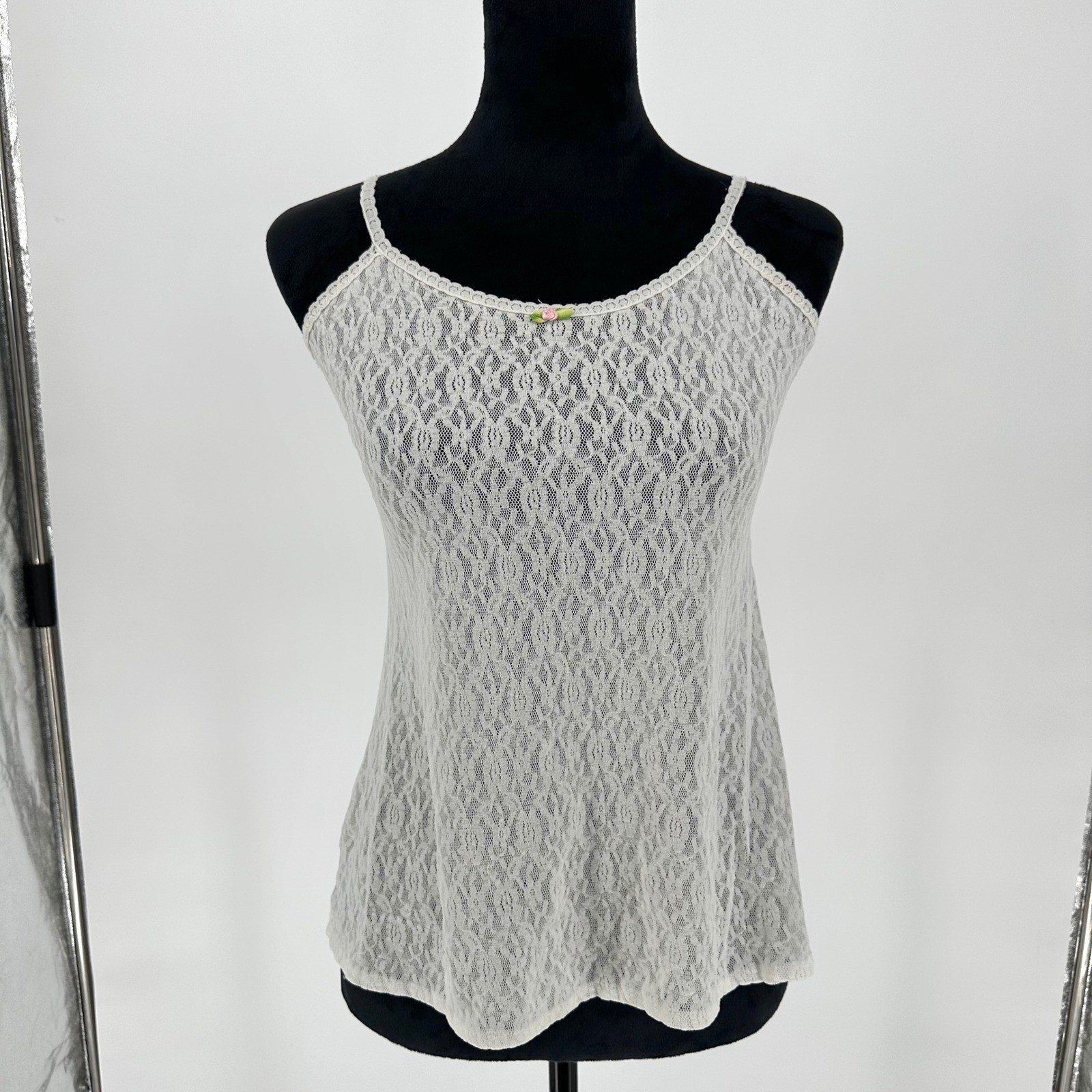 VTG Y2K White Lace Floral Cami Tank Top Stretchy Cottage Fairy Boho Summer L 14