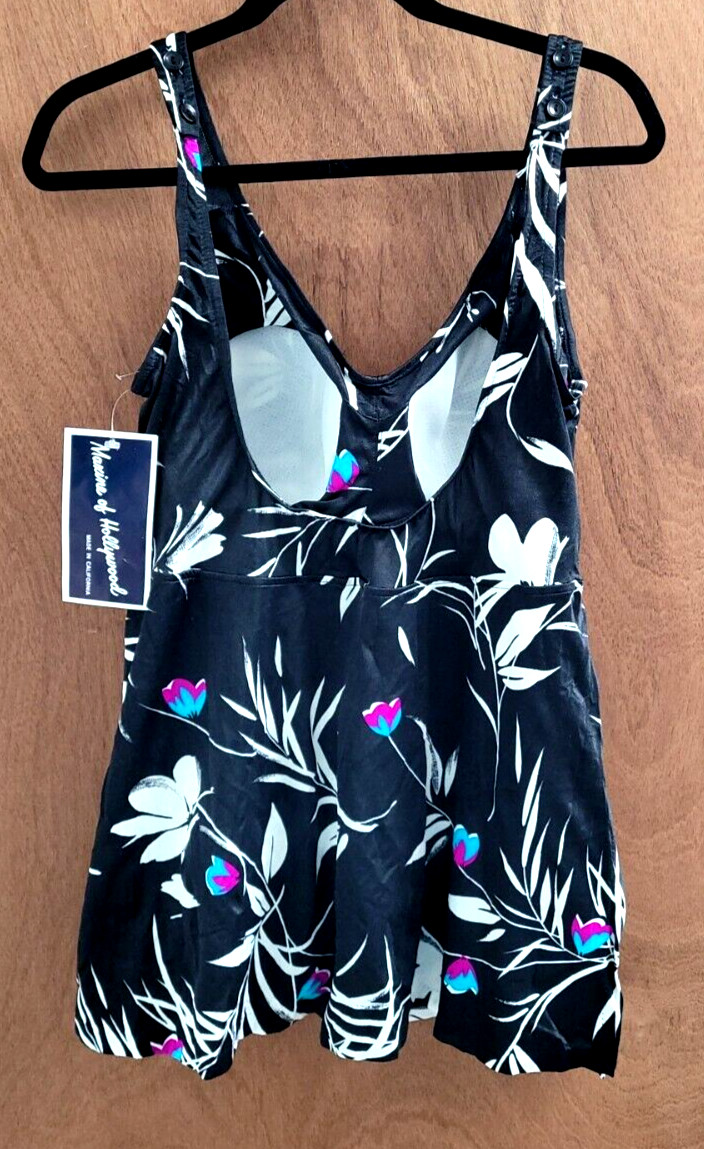 Vintage NOS w/Tags Maxine Of Hollywood Black Floral Swimdress Sz 40 Large