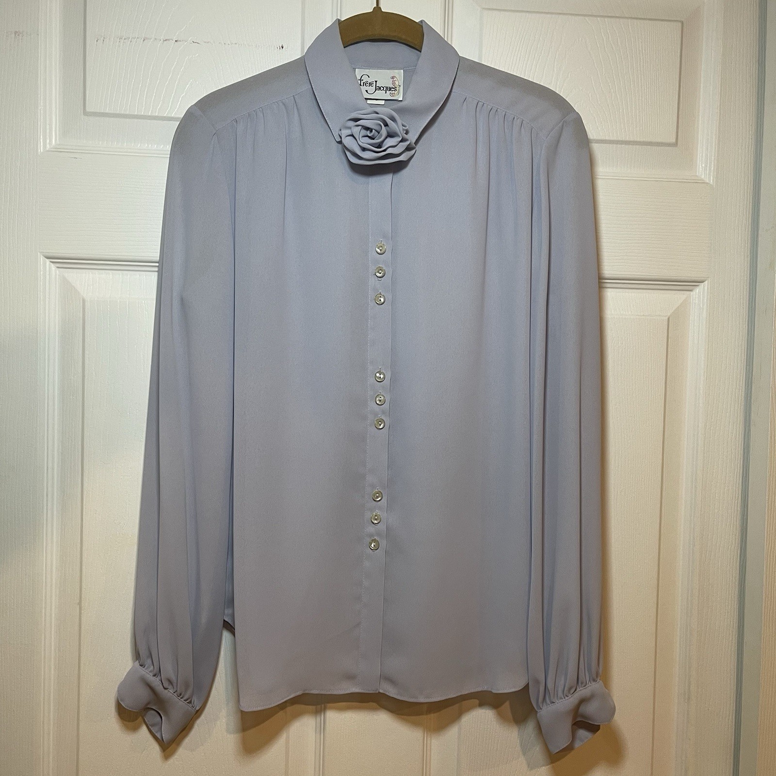 Vtg Frere Jacques Pastel Periwinkle 70’s 80’s Blouse Rosette Flower Accent Sz 8