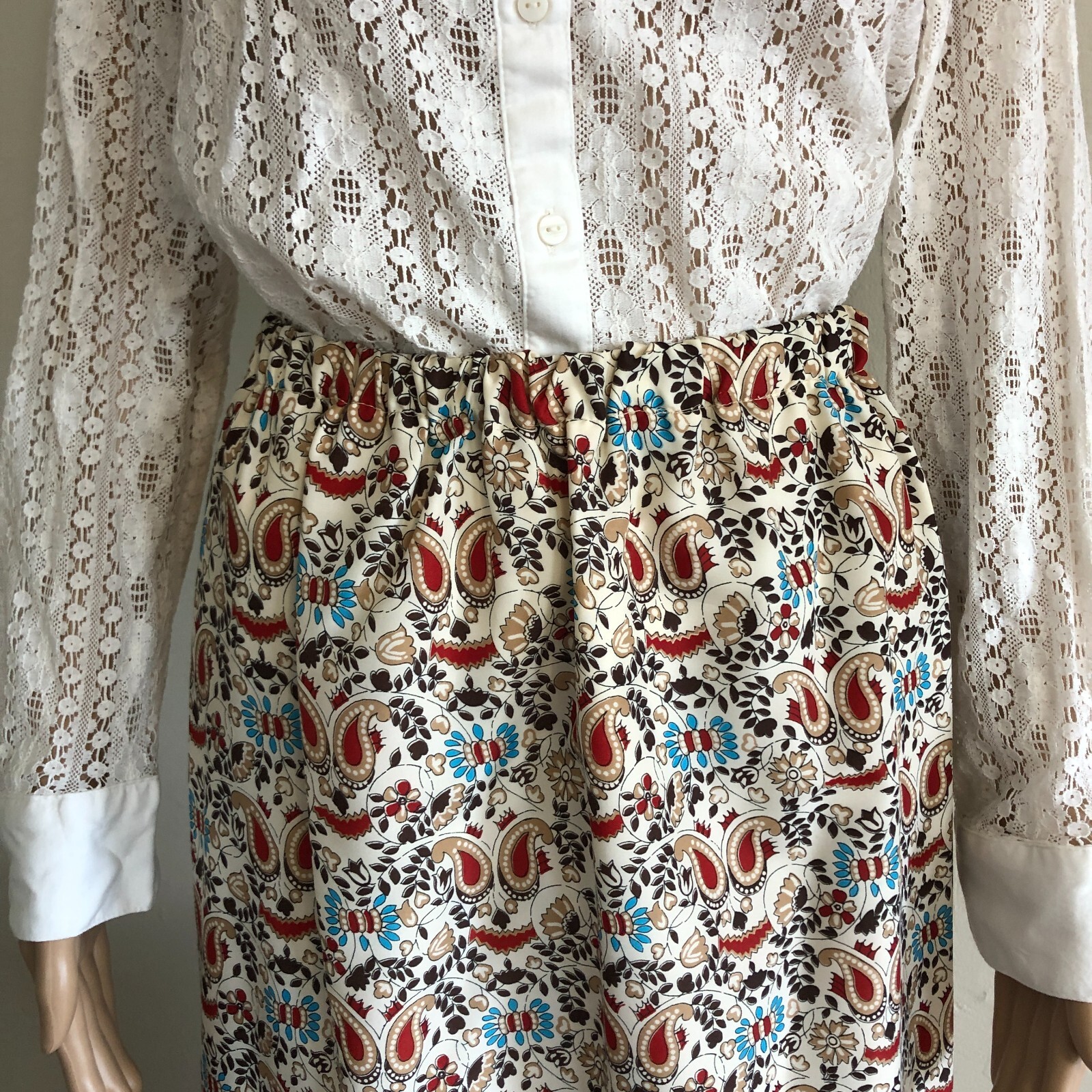 vtg 1970s COPLEY SQUARE Ltd Pull On Maxi Skirt Waist fits 25″-31″ Satin Paisley