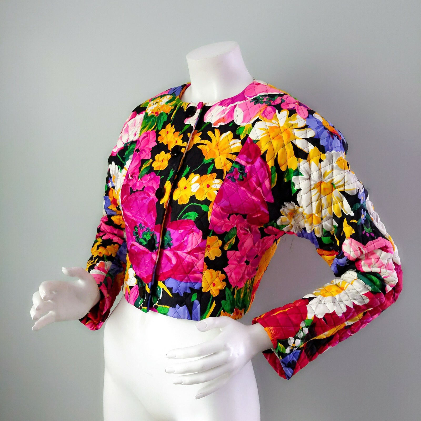 Vintage 1980s Carolyne Roehm Couture Saks Floral Quilted Cropped Blazer XS S B34