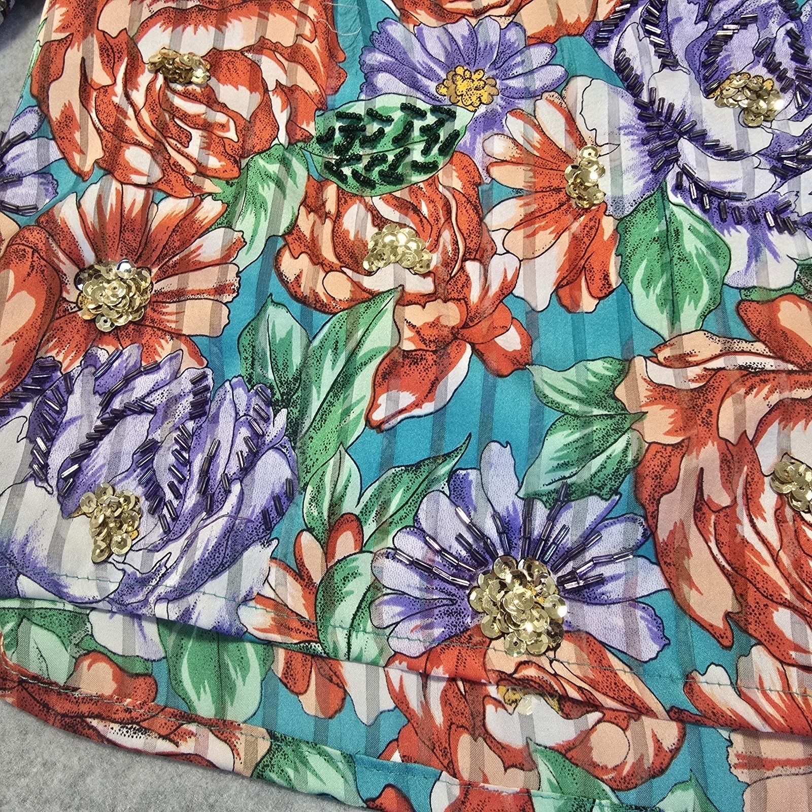 Vintage Floral Sequin Blouse Womens L Multicolor Pleated 80s Balloon Sleeve