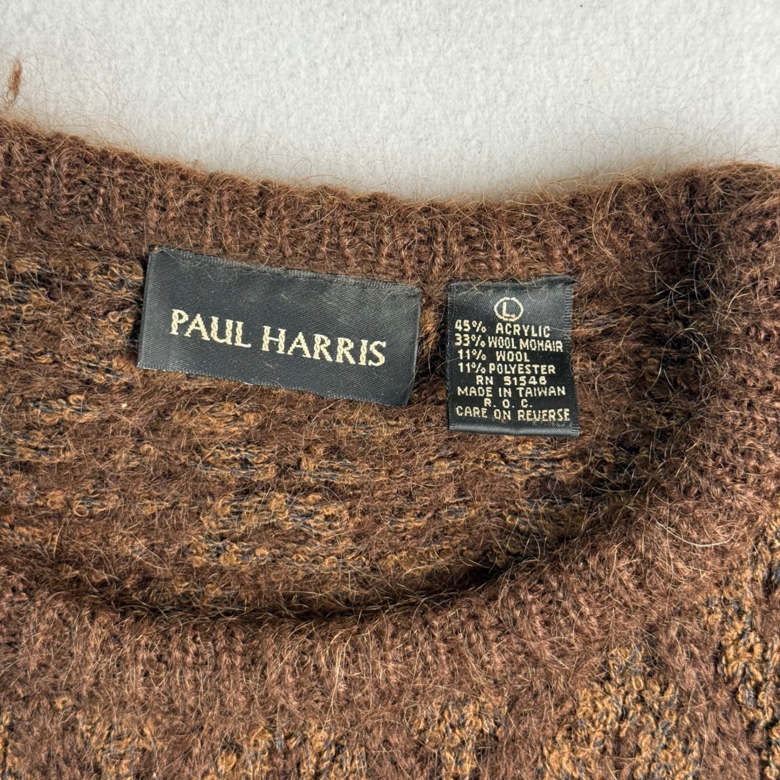 Paul Harris Vintage Mohair Wool Blend Brown Diamond Knit Sweater Womens Large