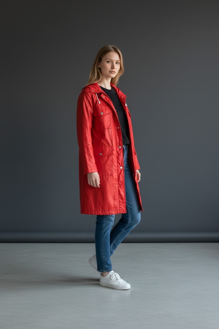 Red Mod Raincoat; Above-Knee With Pockets; Size 6-7 Nylon/All-Season