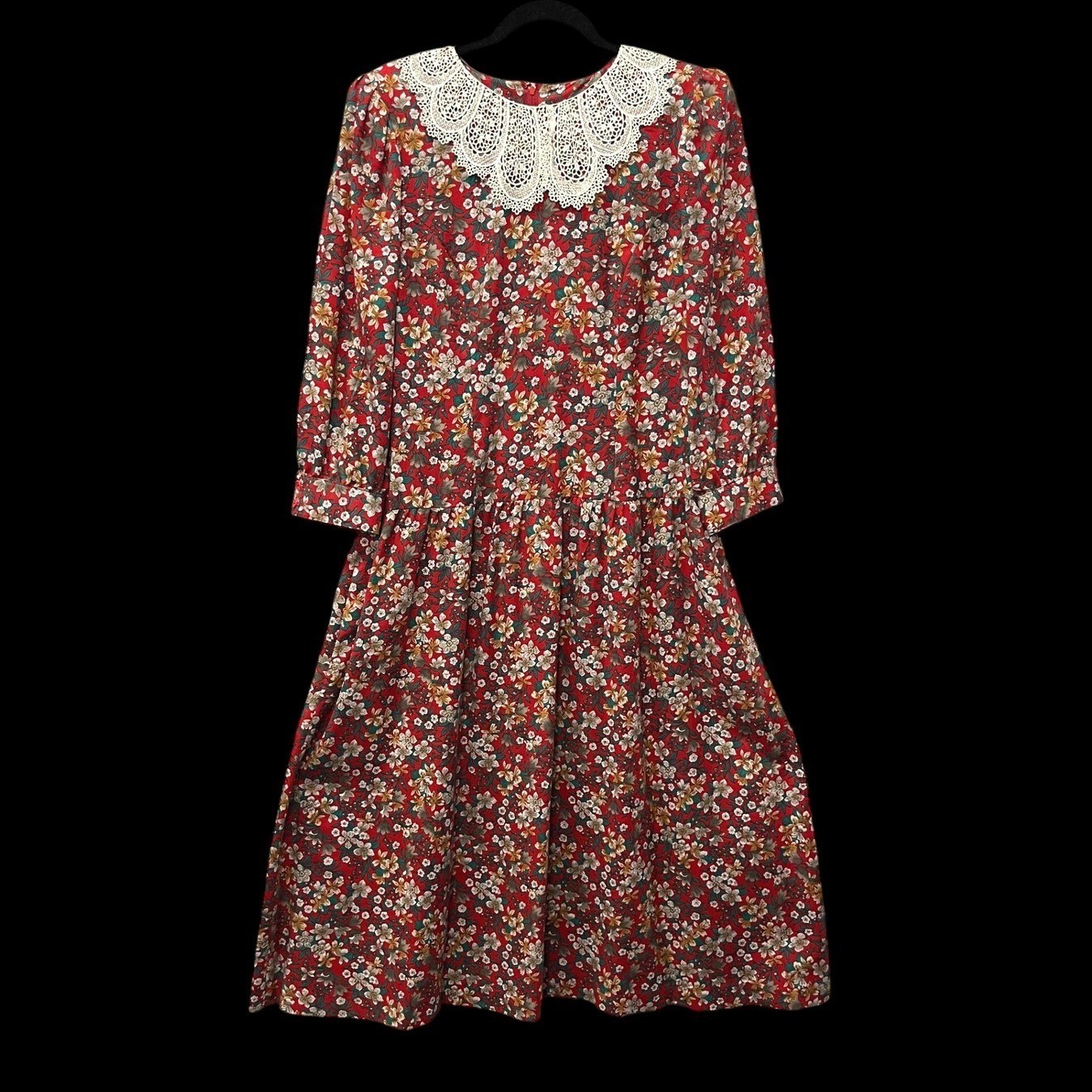 Lanz Originals Vintage Red Floral Drop Waist Dress Lace Collar 14 Cottage Granny