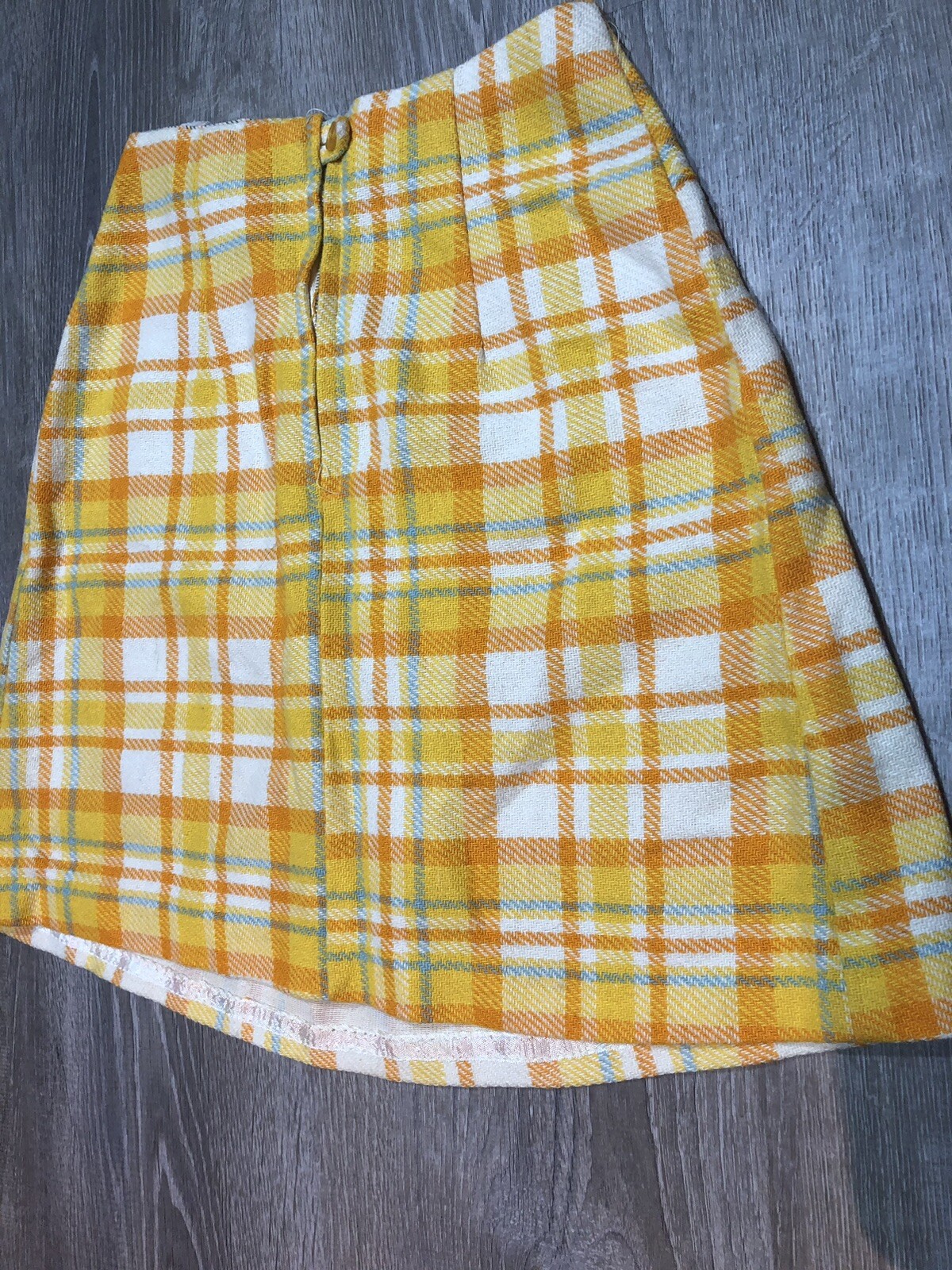 VTG 70’s Yellow Orange White Multi Wool Blend Plaid Preppy Mini Skirt~XS