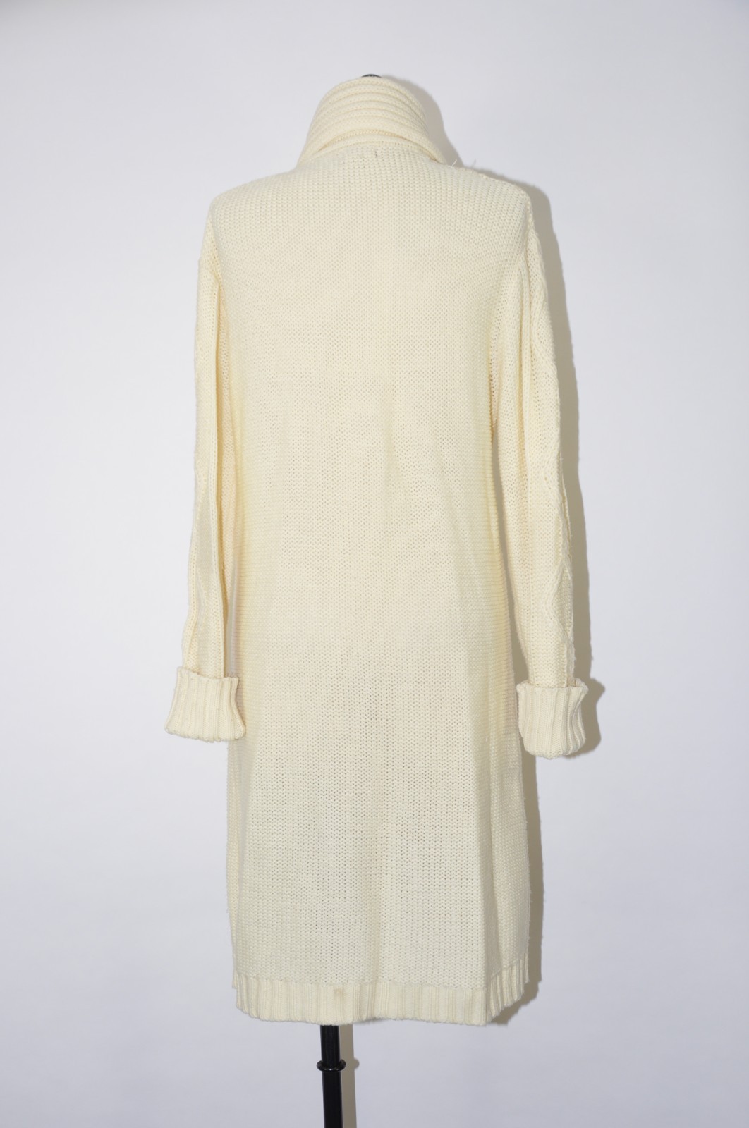 70s Cream Fisherman Cable Knit Shawl Duster Long Cardigan Sweater Coat Women M L