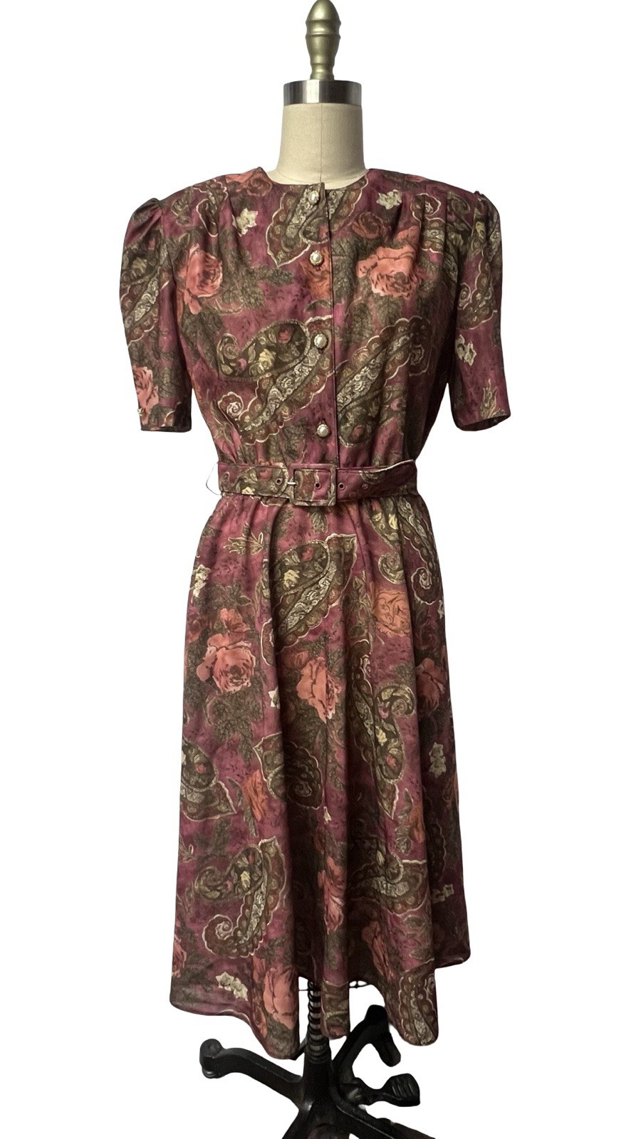 Vintage 80s Mauve Floral Roses Polyester USA Made Belted Secretary Dress Sz 10
