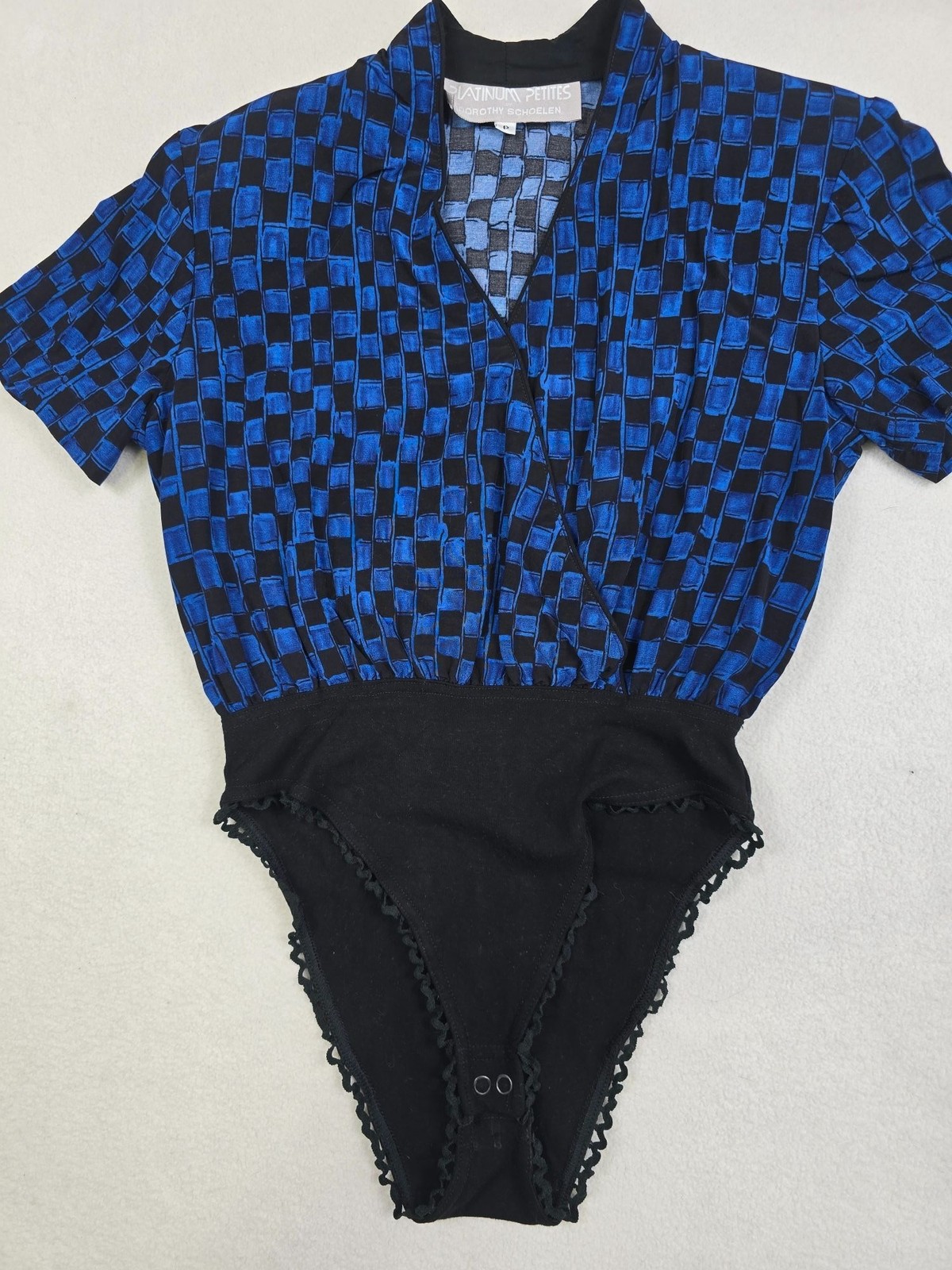 Vintage Dorothy Schoelen Platinum Small Petites Bodysuit Black & Blue Checkered