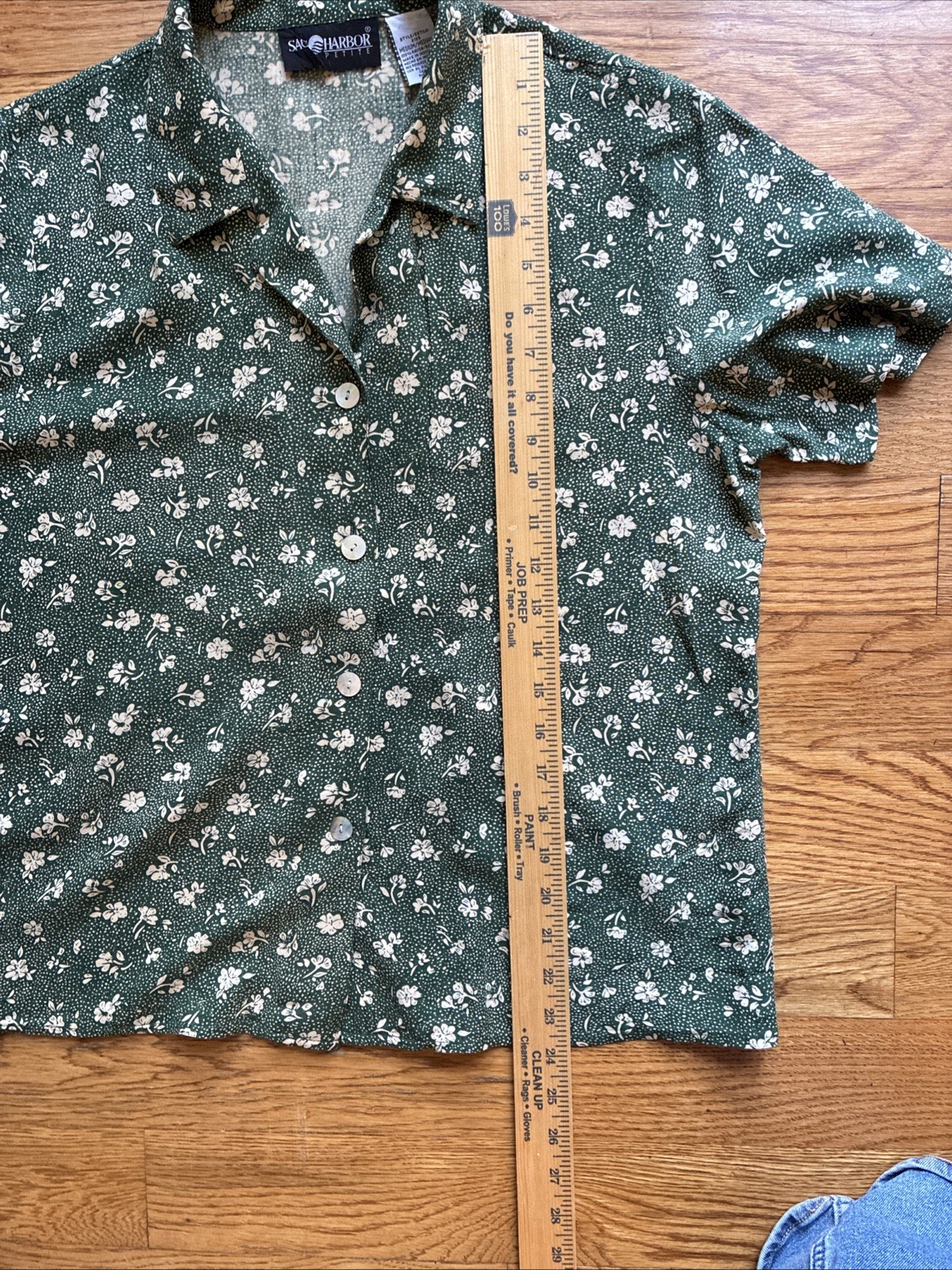 Vintage Green Cream Button Up Collared Short Sleeve Floral Shirt 90s Med Petites