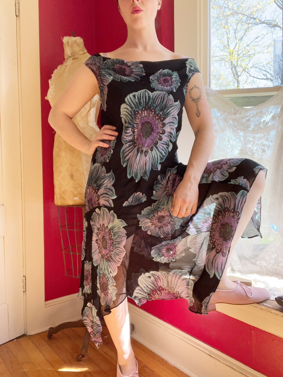 Vintage 1990s Black Chiffon Blue Purple Floral Print Grunge Cowl Neck Dress L
