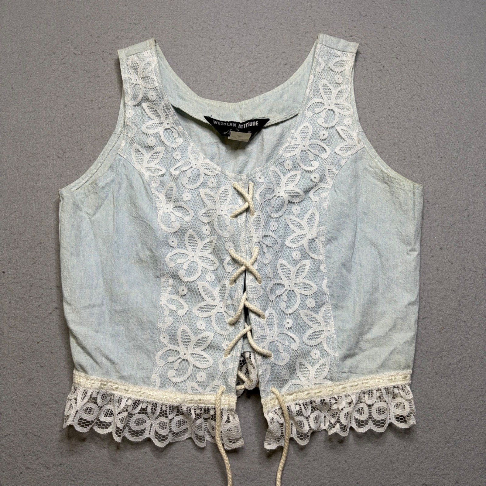 Western Attitude Vest Womens Large Blue Vintage 80s Lace Up Corset Floral Crop