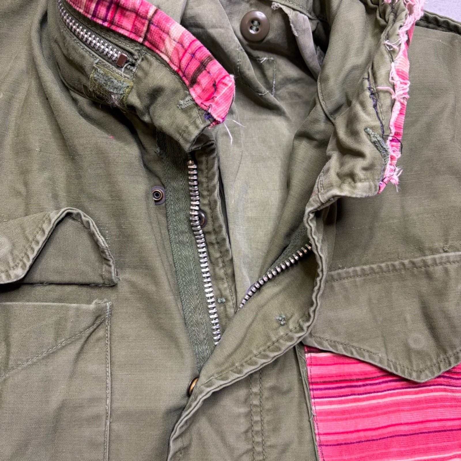 Vintage Military Field Jacket Women M Olive Green Patchwork 90s Distressed M-65